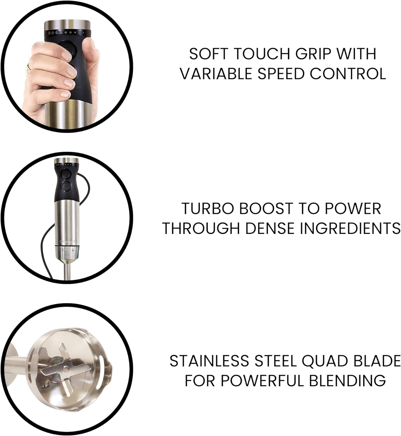 Kenmore Immersion Blender | Variable Speed Multifuctional Blender | Handheld Stick Blender | 4-In-1 | 700Ml Beaker and Lid | Stainless Steel Quad Blade Hand Blender | Black and Silver
