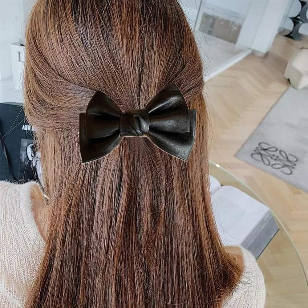3 Pcs Black PU Leather Hair Clip, Bow Duckbill Clip Korean Style Hairpin Sweet Barrette, Fashion Headwear Hair Accessories for Women Girls, Bow Hairpins, Bows Hair Accessories image number 1