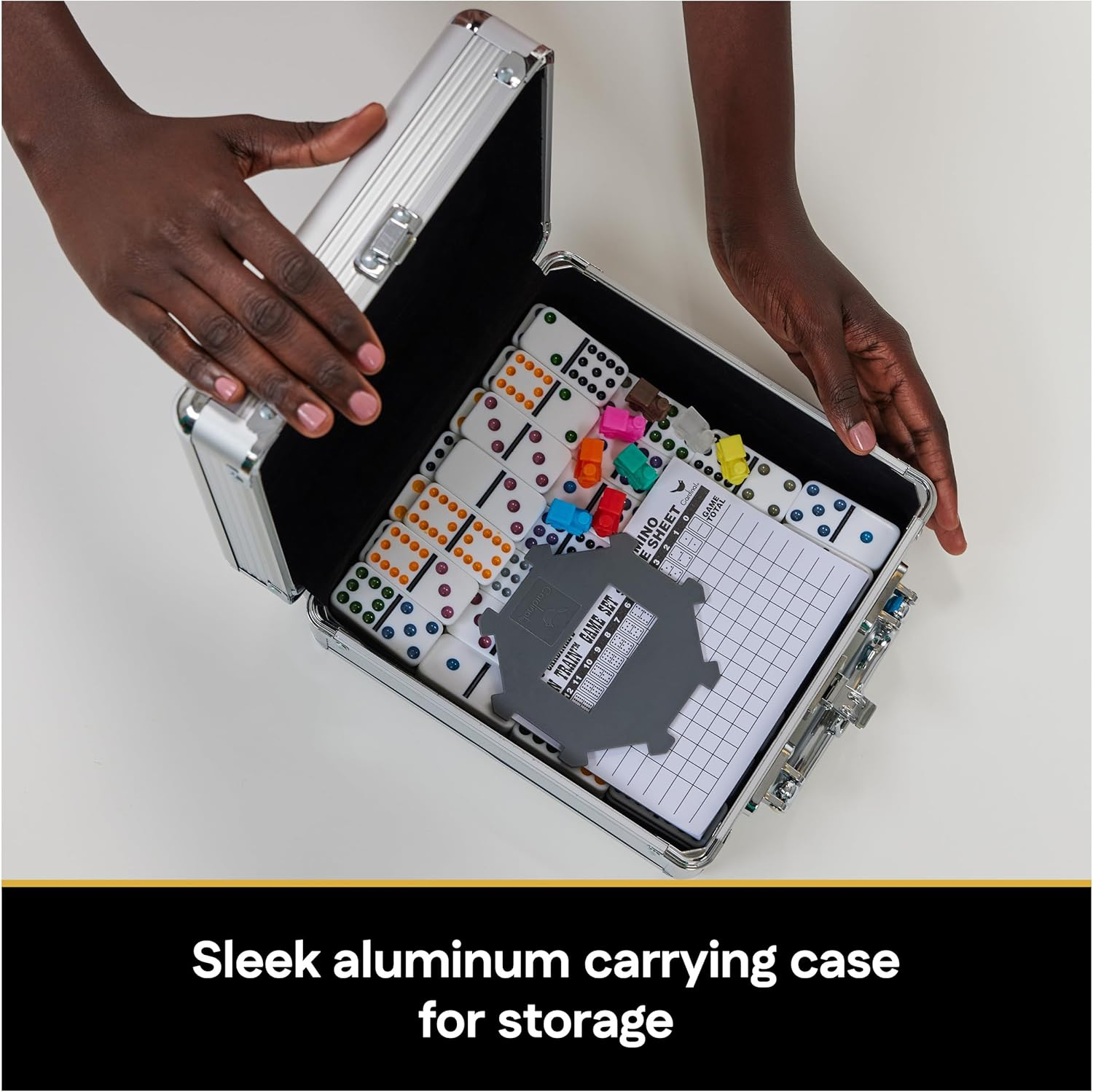 Spin Master Games, Cardinal Classics Mexican Train Dominoes Set Tile Board Game in Aluminum Carry Case for Family Game Night, for Ages 8 and Up image number 3