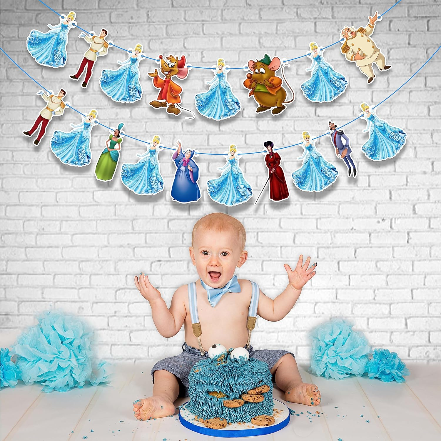 Cinderela Garland Decorations for Princess Birthday Parties, Fairy Tale Celebrations, and Royal Events &ndash; Elegant Blue and Silver Banner with Castle, Glass Slipper, and Crown Designs image number 3