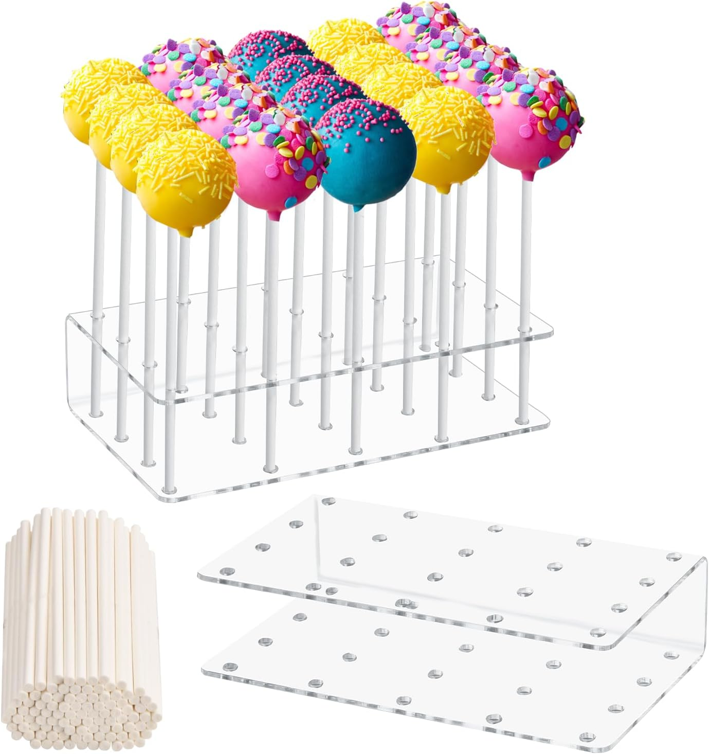 Lollipop Holder Display Stand 20 Holes Clear Acrylic Cake Pop Stand Holder with 100 Pcs Paper Sticks for Wedding Baby Shower Birthday Party Halloween Christmas Candy Decorative
