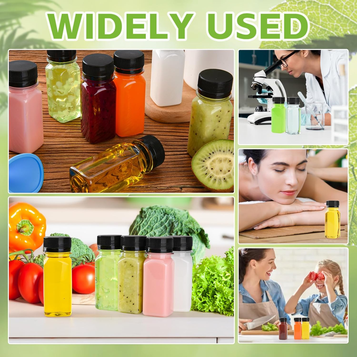 12 Pcs 2Oz Small Plastic Juice Bottles with Lids，Reusable Leak Proof Ginger Shots Bottle with Black Caps, Wellness Mini Jars Plastic Containers for Smoothie, Water, Milk and Other Beverages image number 1