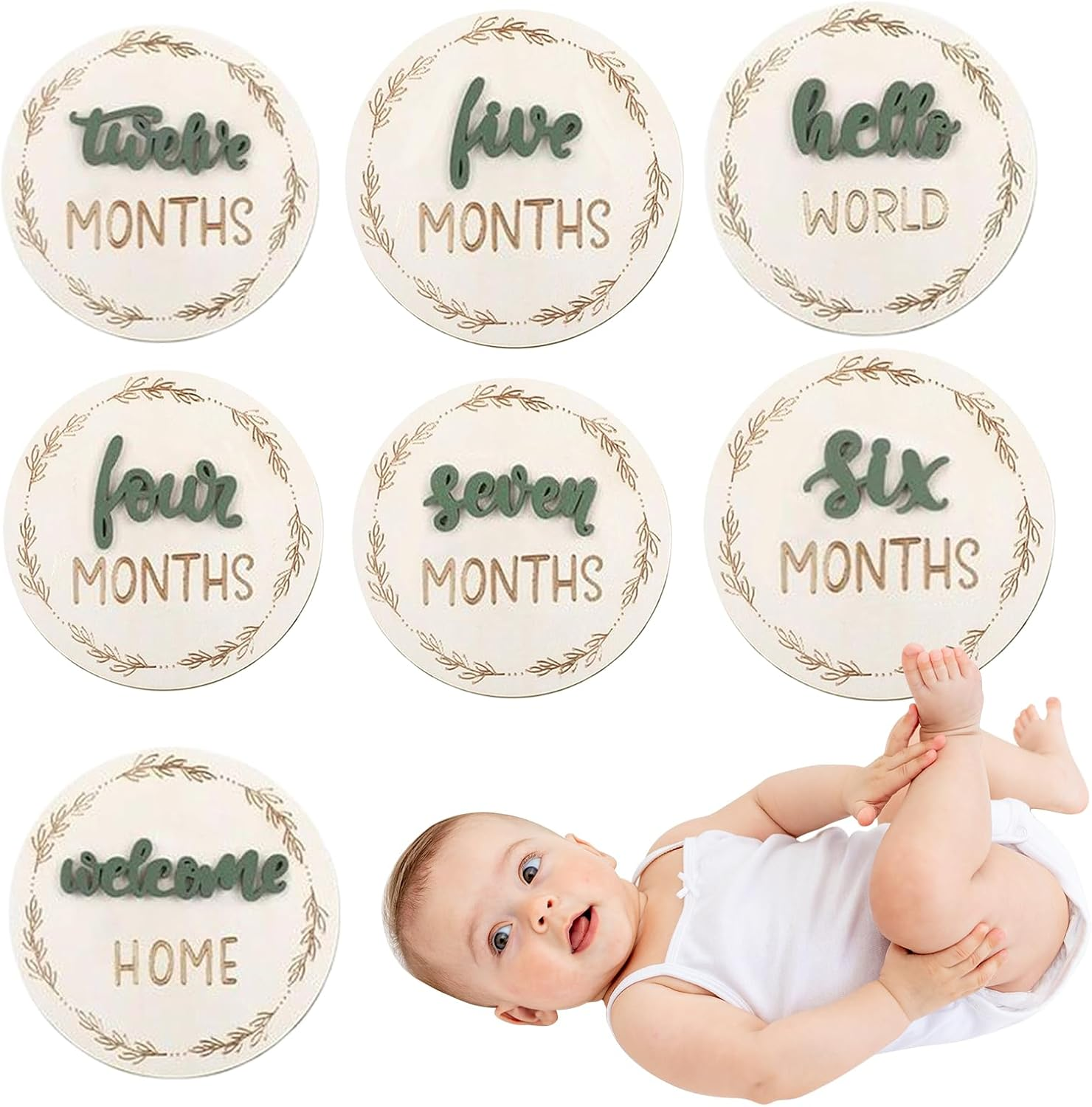 Baby Monthly Growth Signs - Wooden Picture Circles for Baby | Reusable Home Decor Photo Props, Wooden Birth Growth Cards for Kids Room Living Room