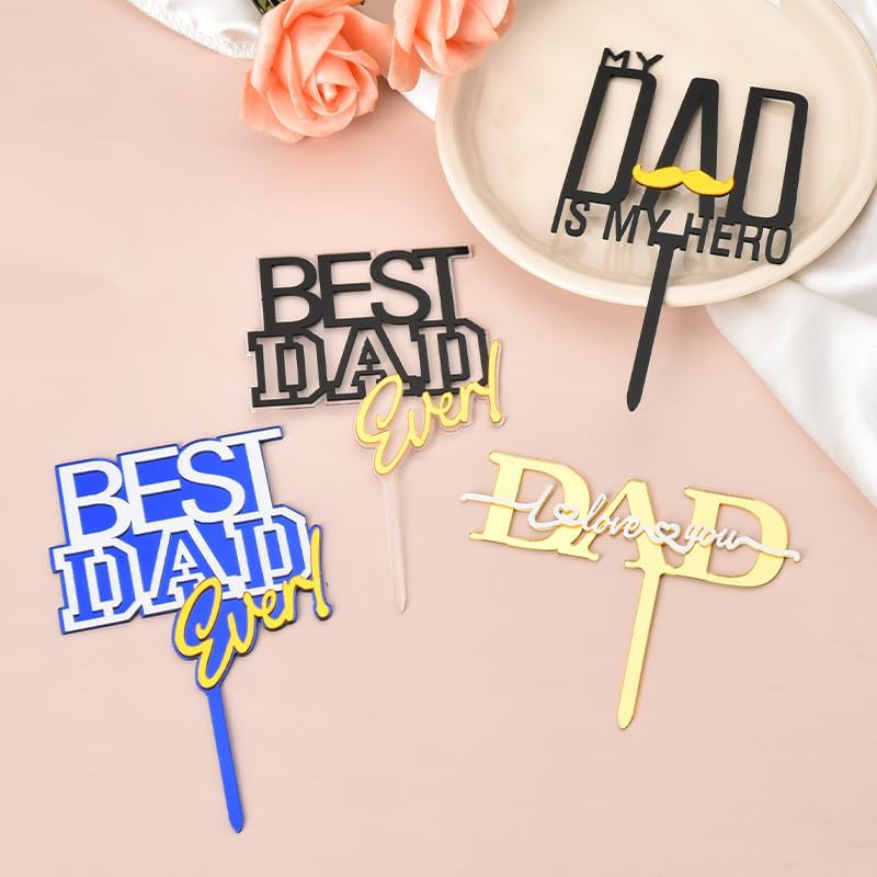 Yangqian 4Pcs Best Dad Ever Fathers Day & Birthday Cake Toppers - Gold, Black, Blue, Yellow Acrylic image number 4