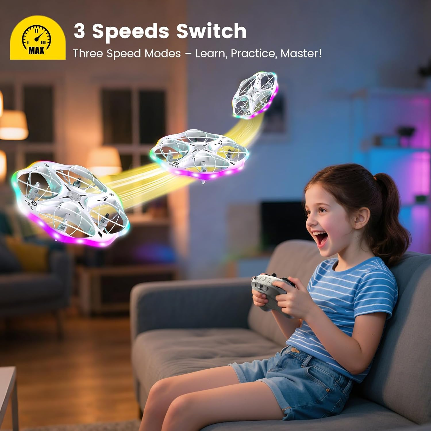 DEERC D13 Mini Drone for Kids with Obstacle Avoidance, 6 Lighting LED Modes, Easy Small UFO Toys with 3 Batteries Longer Flight Time, Throw to Go, 3D Flips, Birthday Gift,For 6-12 Year Old Boys Girls image number 6
