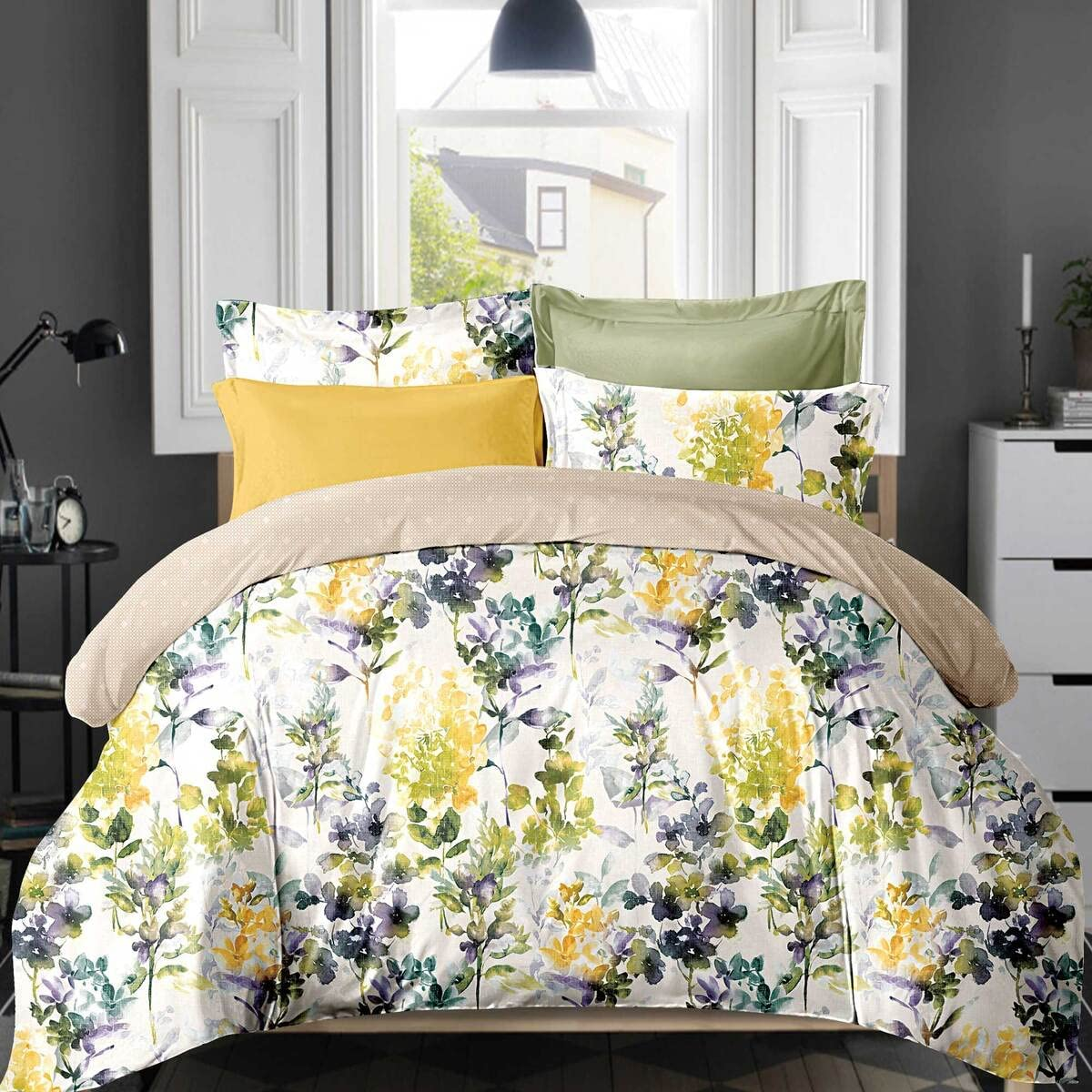 Luxton Leaf Floral Quilt Cover Set, Single Size 2Pcs Fenna Yellow Sage Flower Doona Cover Set (Single Size) image number 6