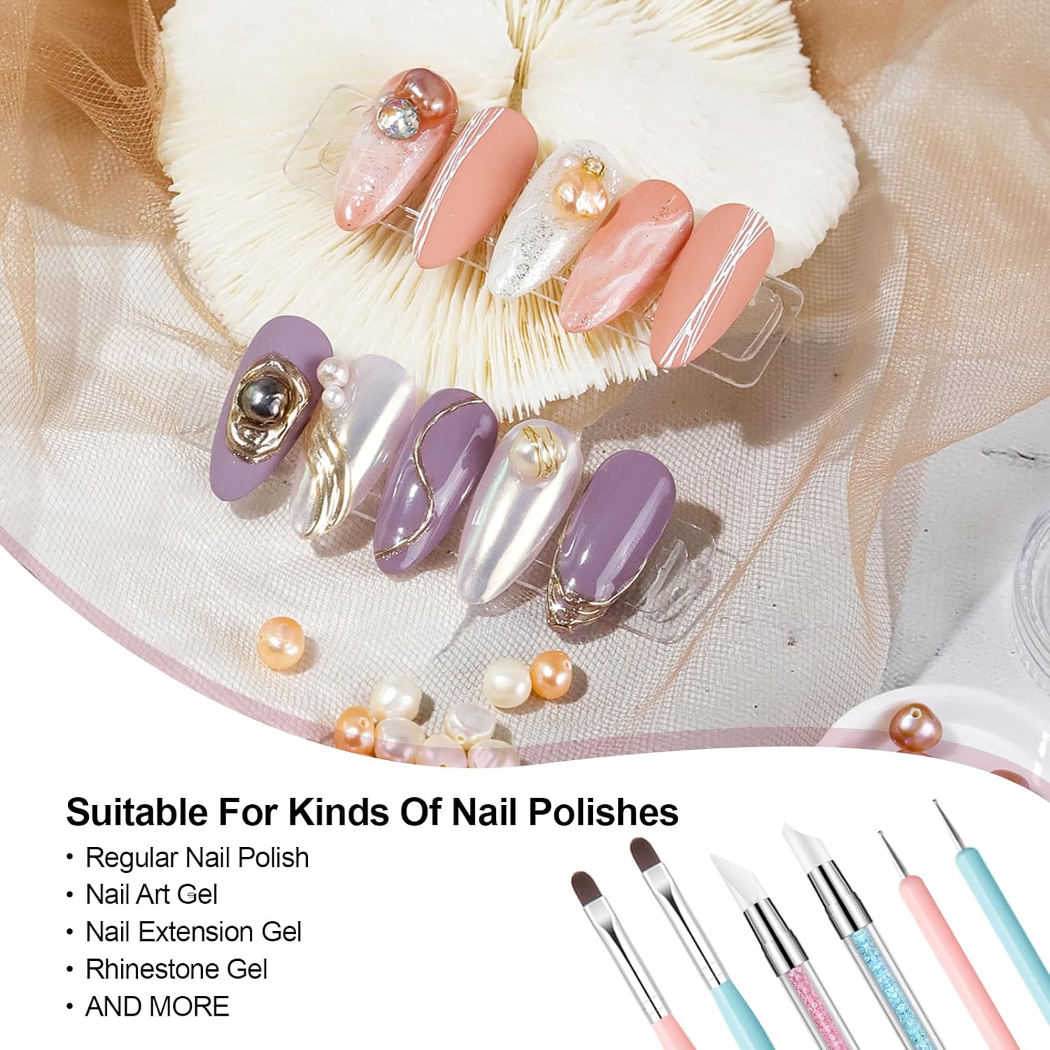 Reayou Nail Art Brushes Set, 6 PCS Nail Art Design Pens Painting Tools, Double-Headed Silicone Brush and Gel Dotting Pen for Manicure Sticker DIY Coloring Nail Extension Cleaning Salon Home image number 2