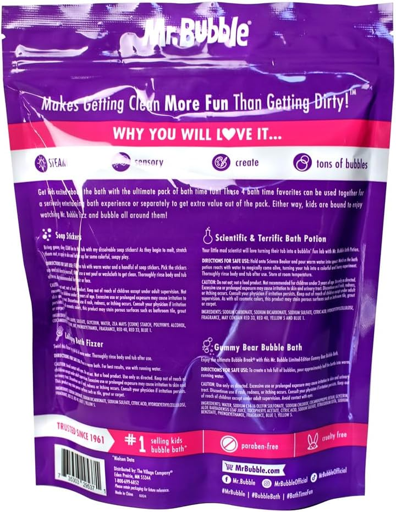 Mr. Bubble Kids Ultimate Pack of Bath Time Fun (Original Bubble Bath 2.5Oz, Bath Fizzer 50G, Soap Stickers 10G, Bath Potion 50G) image number 5