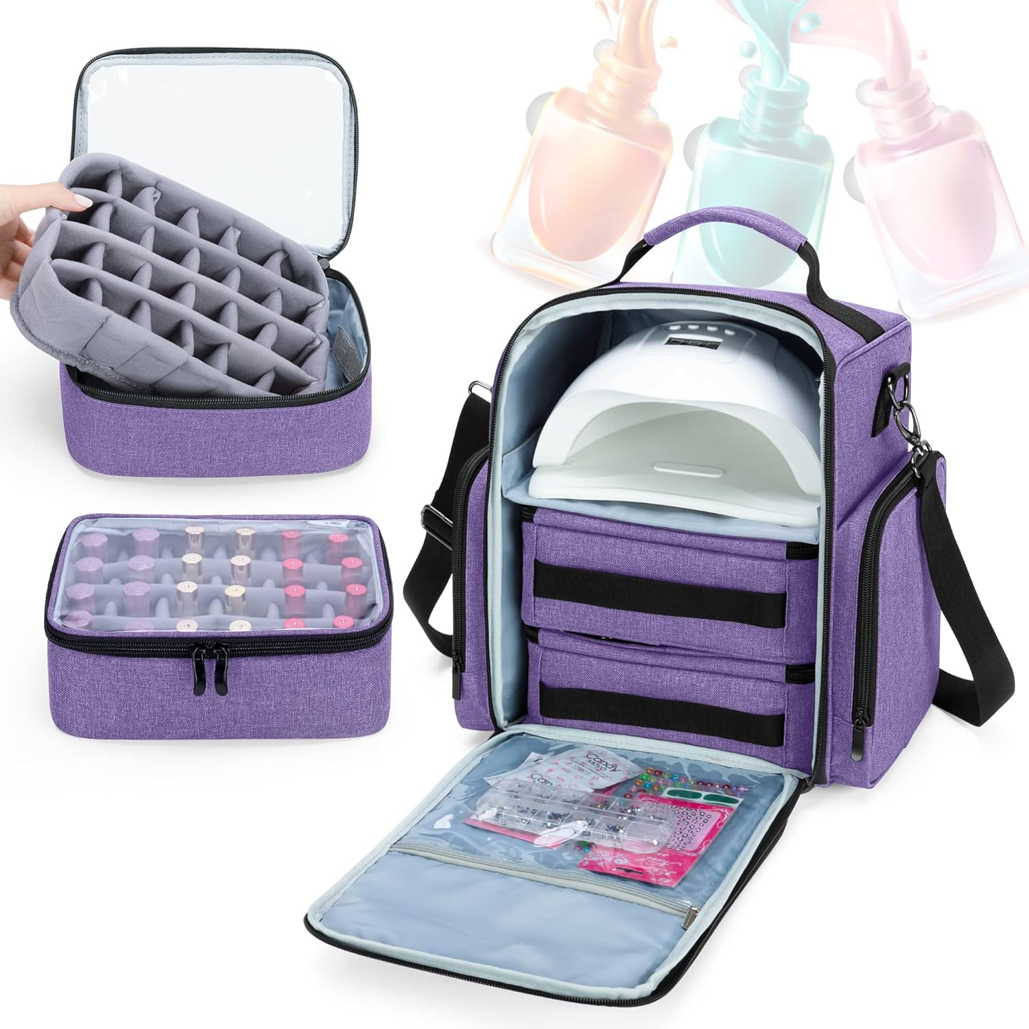 BAFASO Nail Polish Organizer Holds 48 Bottles (15Ml - 0.5 Fl.Oz) and a Nail Lamp, Large Nail Polish Case with 2 Removable Pouches and Multiple Storage Sections (Patented Design), Purple image number 3