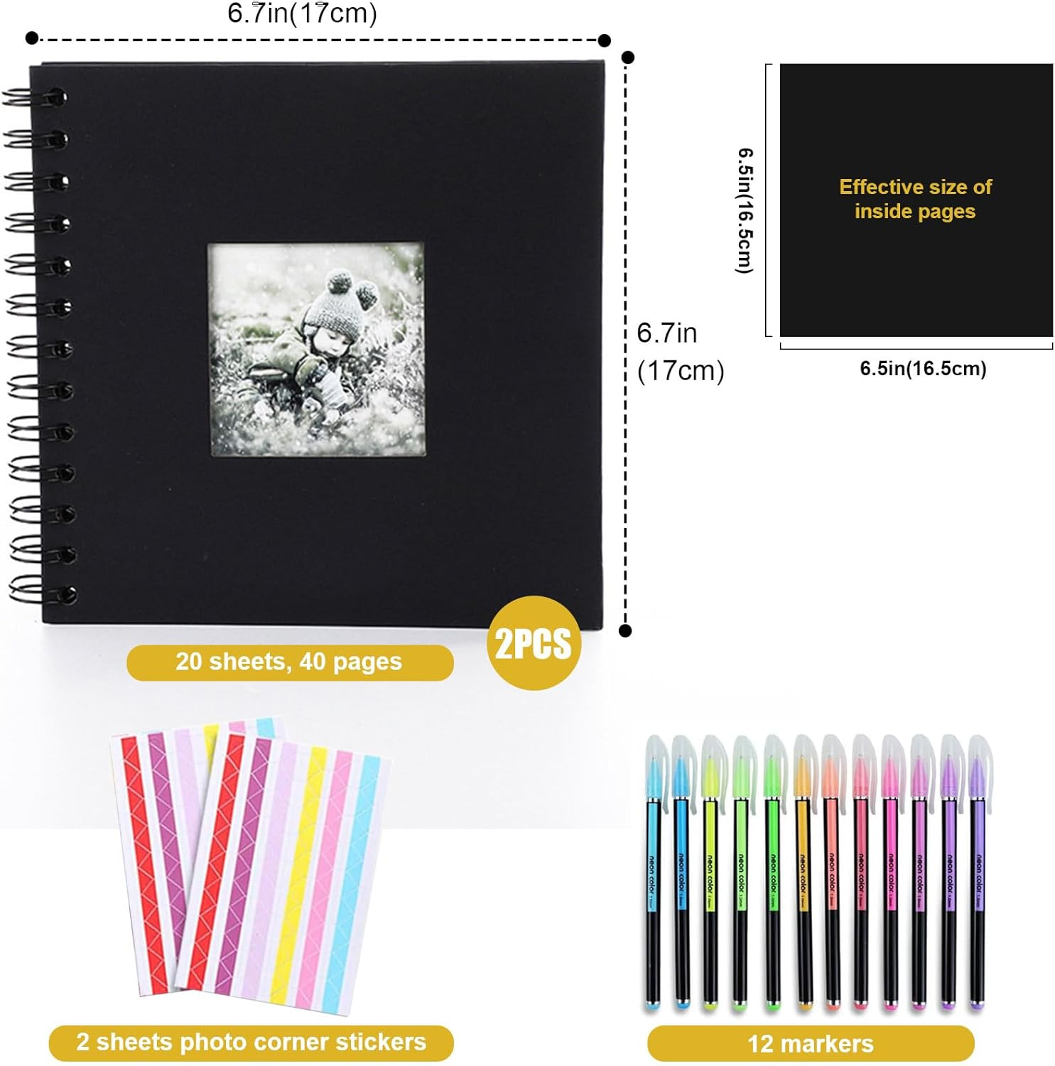 2 Pack Scrapbook Photo Album, 230Gsm Black Square Scrap Book with Colored Pencil and Corner Sticker - Ideal for Kids Adullts Baby Scrapbooking Arts Crafts Travel Adventure Couples DIY - Black image number 2