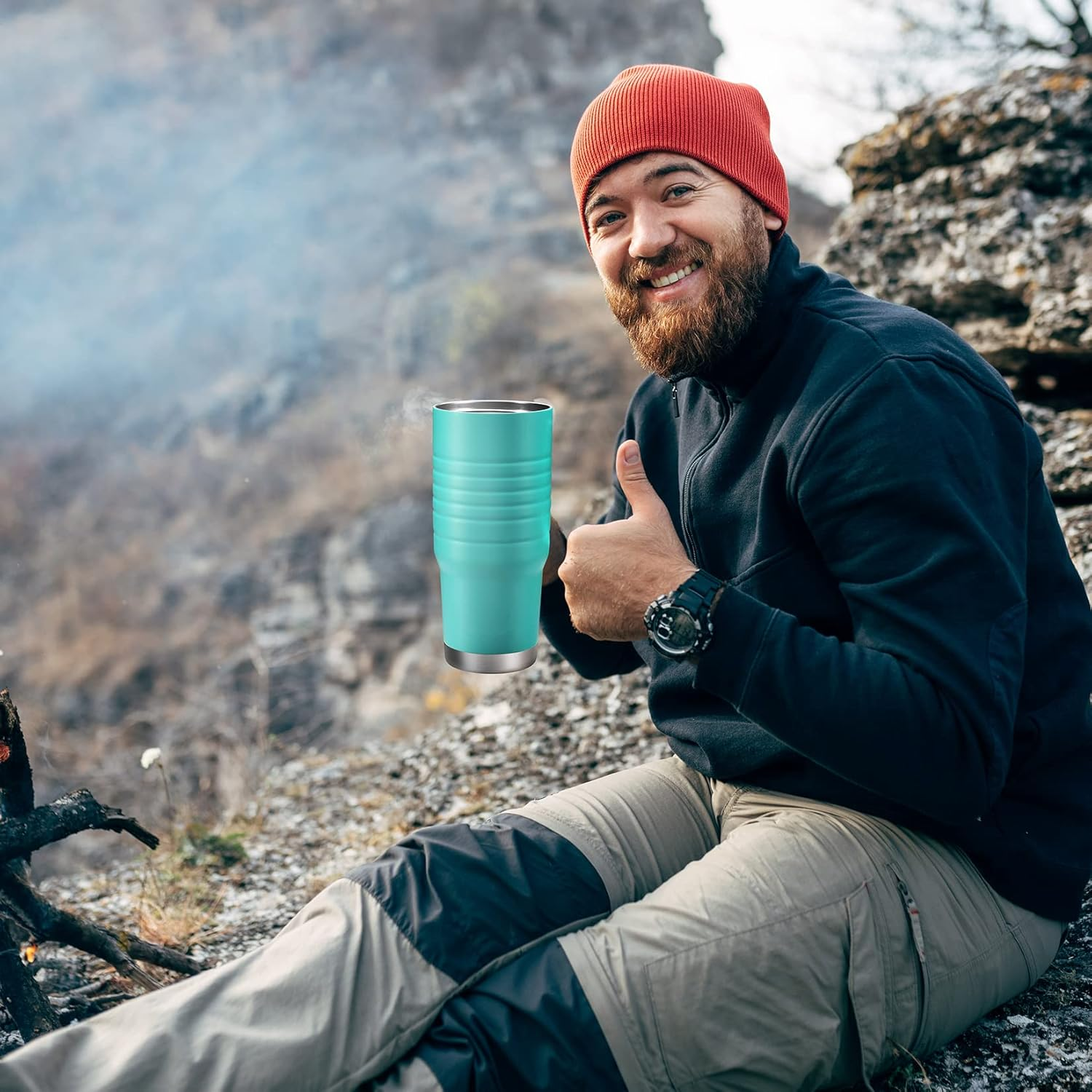 HAUSHOF 710Ml Insulated Coffee Cup with Handle, Stainless Steel Vacuum Insulated Tumbler, Double Wall Travel Mugs with Leakproof Lid, 24 Oz, BPA Free - Blue image number 3