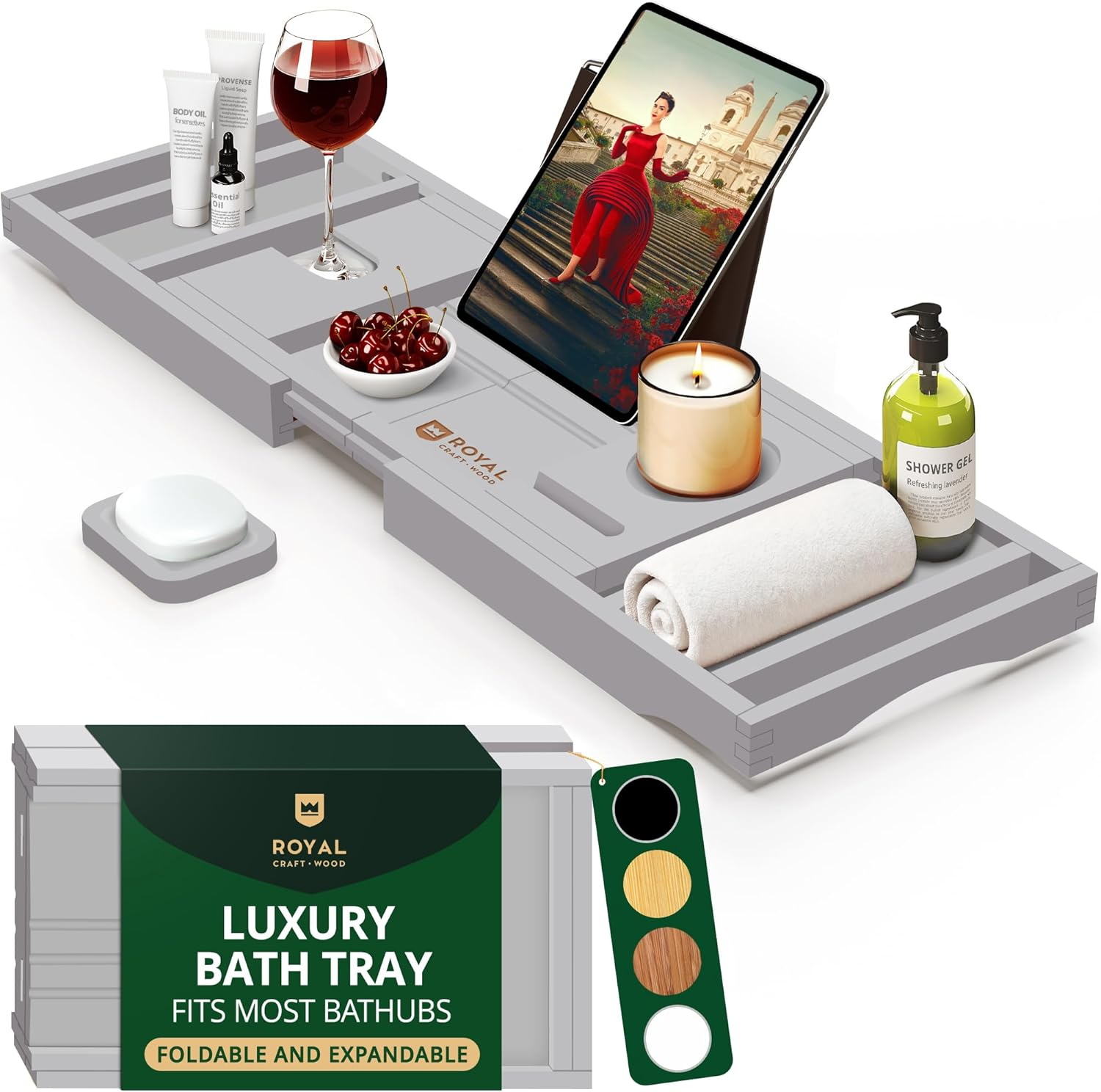 Royal Craft Wood Premium Foldable Bathtub Tray - Wood Bath Tray for Tub, Bamboo Shelf, Expandable Bath Table Trays, Bathtub & Bathroom Accessories for New Home & Mothers Day & Birthday Gifts for Mom