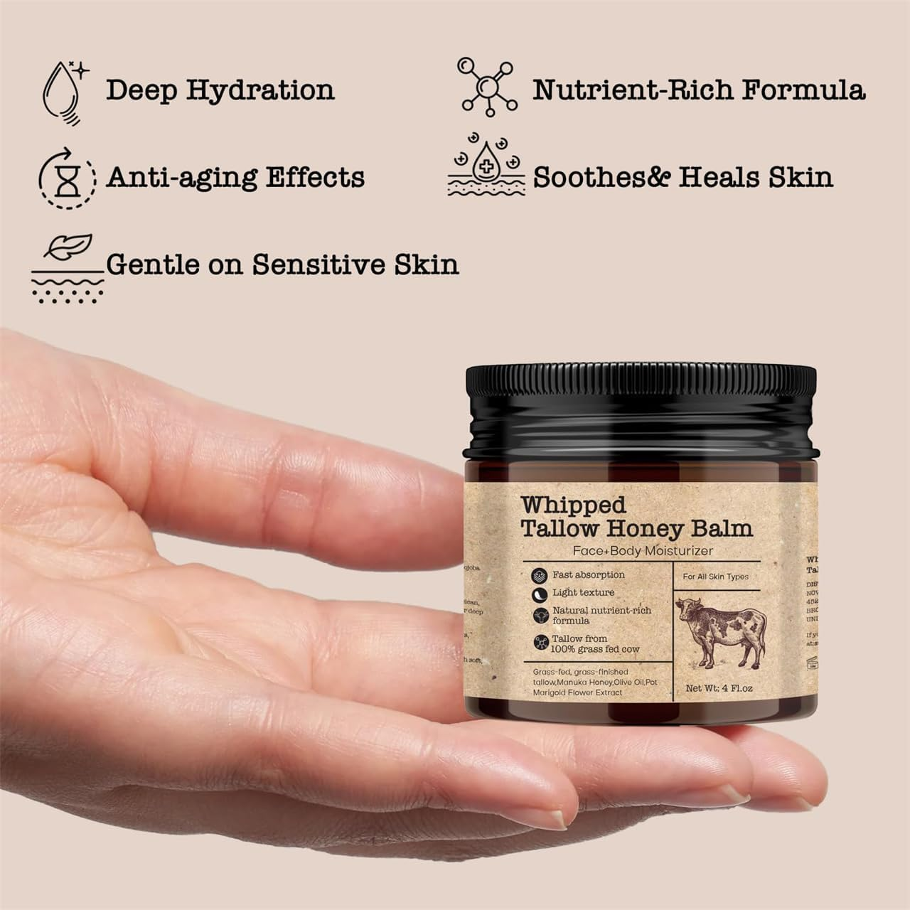 Whipped Tallow Honey Balm,Beef Tallow with Honey Moisturizer Cream for Face Body image number 1