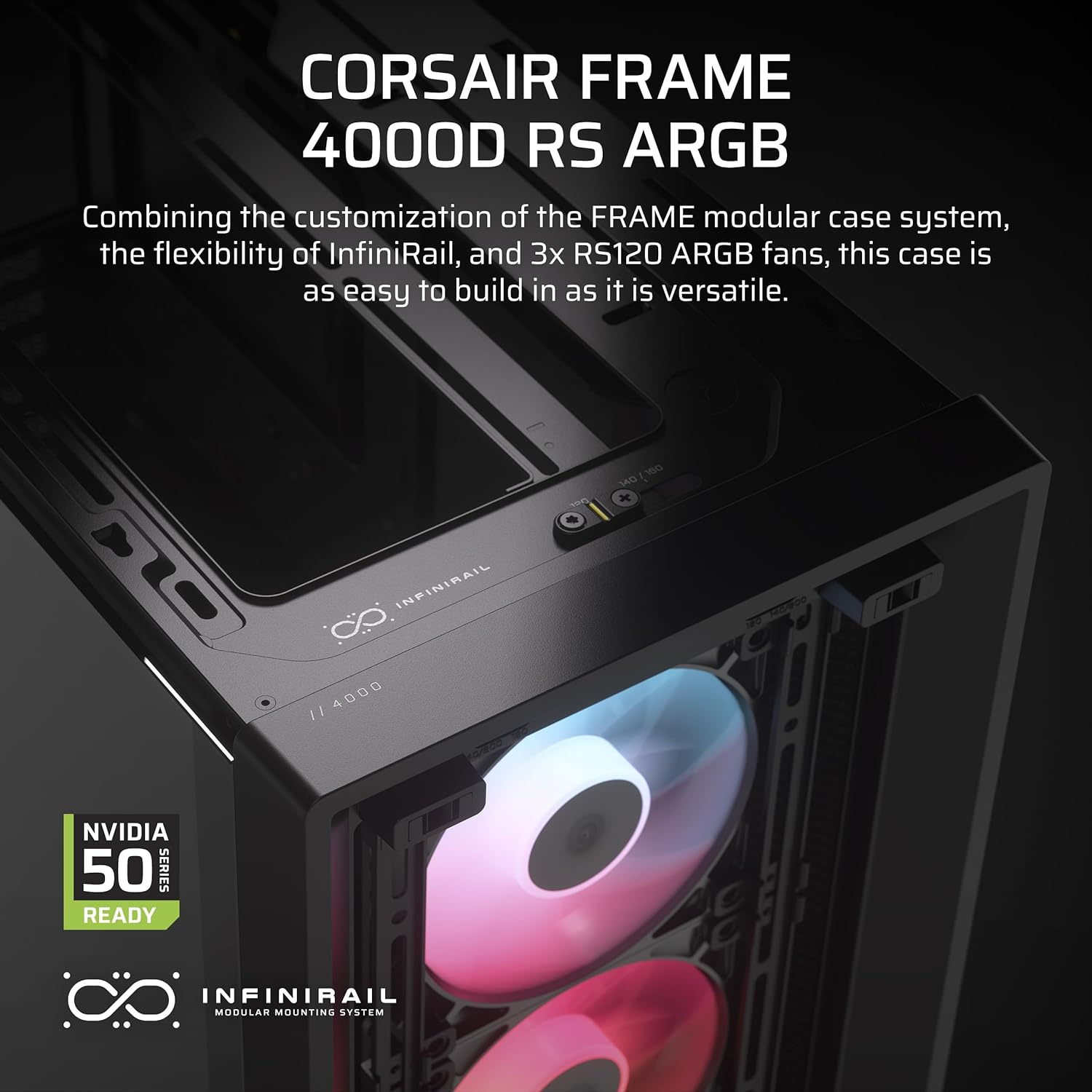 CORSAIR Frame 4000D RS ARGB Modular Mid-Tower ATX PC Case &ndash; High Airflow, 3X Pre-Installed RS ARGB Fans, Infinirail&trade; Fan Mounting System, ASUS BTF, MSI Project Zero, Gigabyte Project Stealth &ndash; Black image number 5