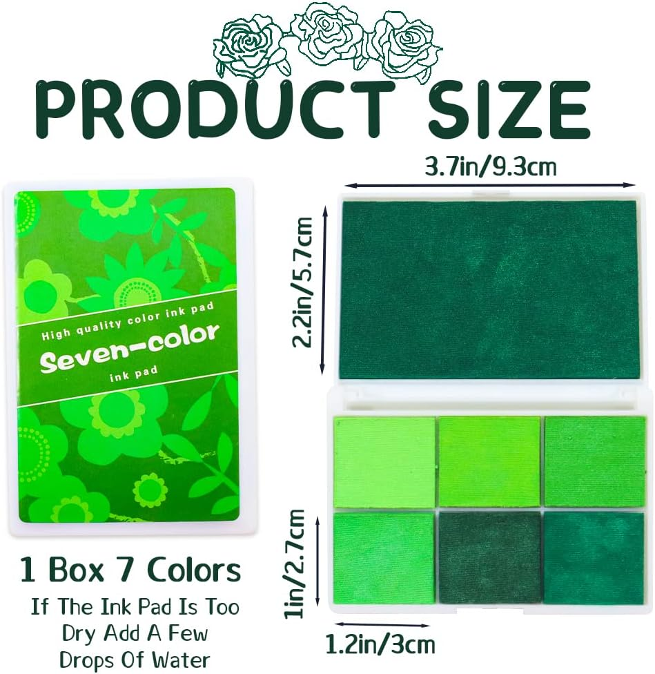 7 Colors Washable Ink Pad - Large & Small Sizes for Stamp, Finger, DIY Craft, Paper & Wood - Multi Colored Finger Ink Pad with Glitter (Green) image number 1