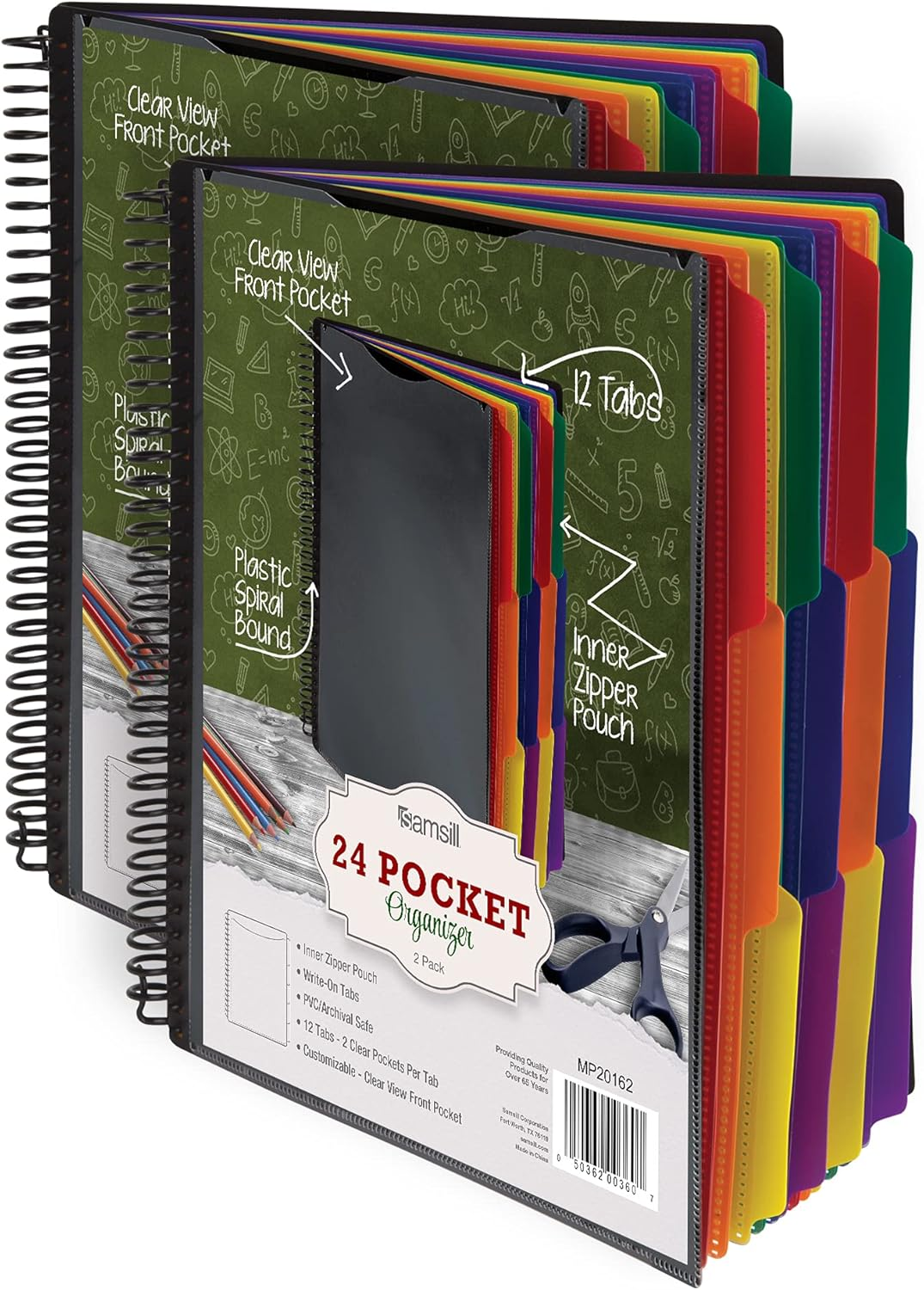 Samsill Deluxe 24 Pocket Spiral Project Organizer with Inner Zipper Pouch, Customizable Front Cover, 12 Dividers with Erasable Write-On Tabs in Fashion Colors, Plastic Folders with Pockets