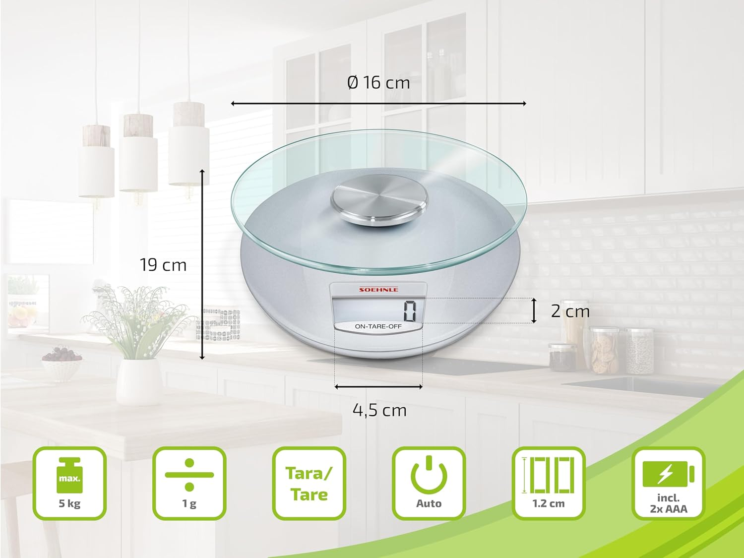 Soehnle Roma Digital Kitchen Scale Silver &ndash; Electronic Food Weighing Scale with Display and Removable Plate, Accurate Gram Measurement up to 5Kg &ndash; Ideal Baking, Cooking and Kitchen Tools & Gadgets - Silver image number 2