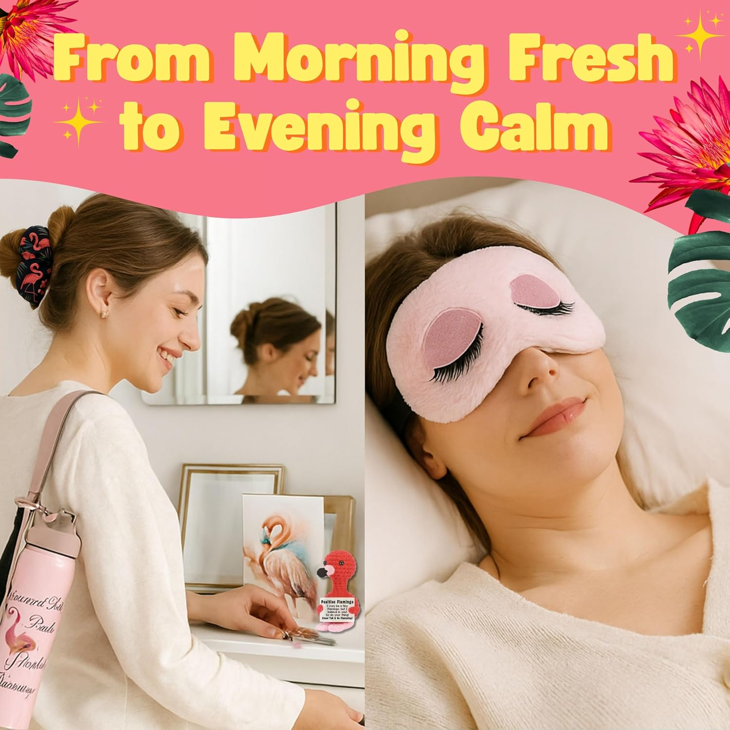 Infinite Emblems Flamingo Gifts Set for Women with Positive Crochet Flamingo, Keyring, Water Bottle, Socks, Bath Bomb, Bath Salt, Sleep Eye Mask, Scrunchies, Pink Headband and Affirmation Card image number 5