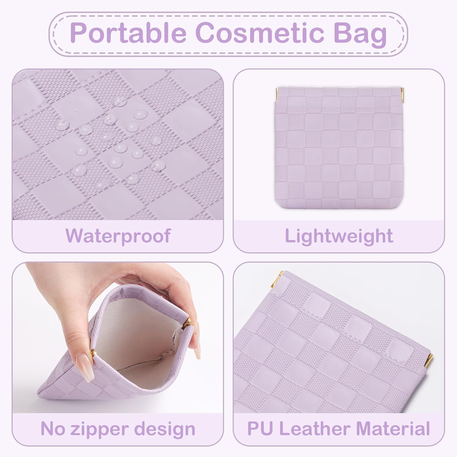 Sightor 2PCS Small Makeup Bag for Purse, Mini Cosmetic Bag Waterproof Pouch for Women, Checkered Purse Self-Closing Small Travel Kit Coin Lipstick Cosmetic Storage Bag, Pink, Purple, Checkered image number 5