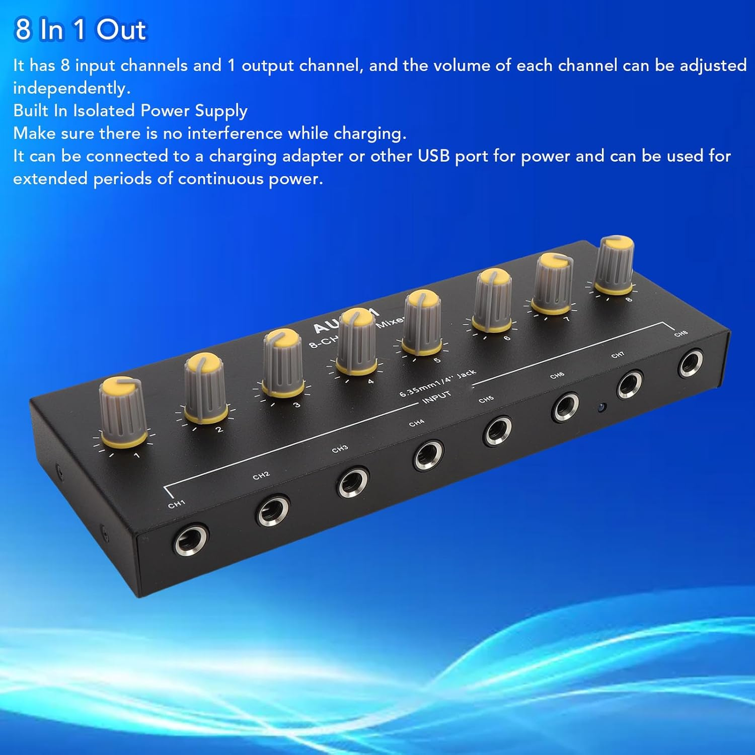 Jiawu Mini Audio Mixer, 8 Channel Stereo Line Mixer, 6.5Mm Independent Microphone Control with Volume Control, Multifunctional for Guitar, Bass, Keyboard, Recording, Streaming image number 3