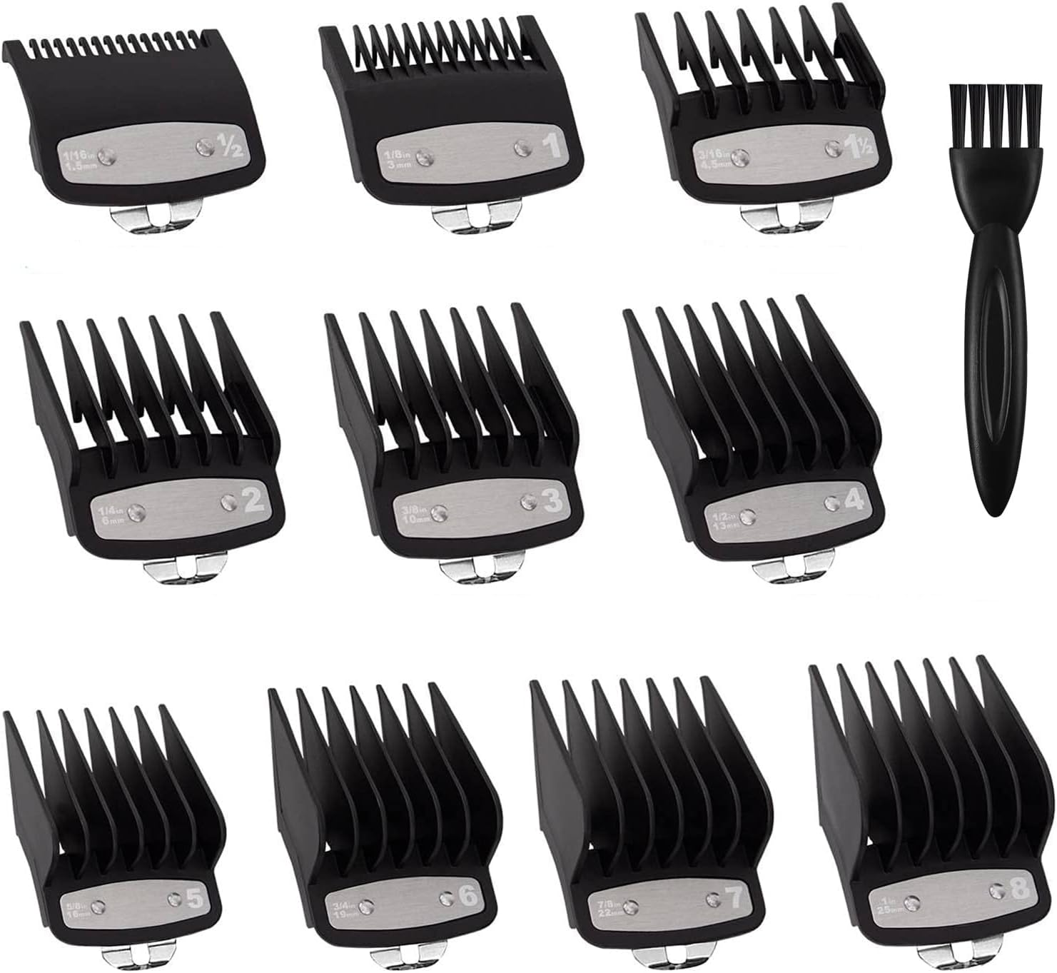 10PCS Clipper Guards, Professional Hair Cutting Guides Compatible with Wahl Clipper, Clipper Guards with Metal Clip-From 1/16 Inch to 1 Inch(1.5-25Mm) Detail Cleaning Brush(Black) image number 6