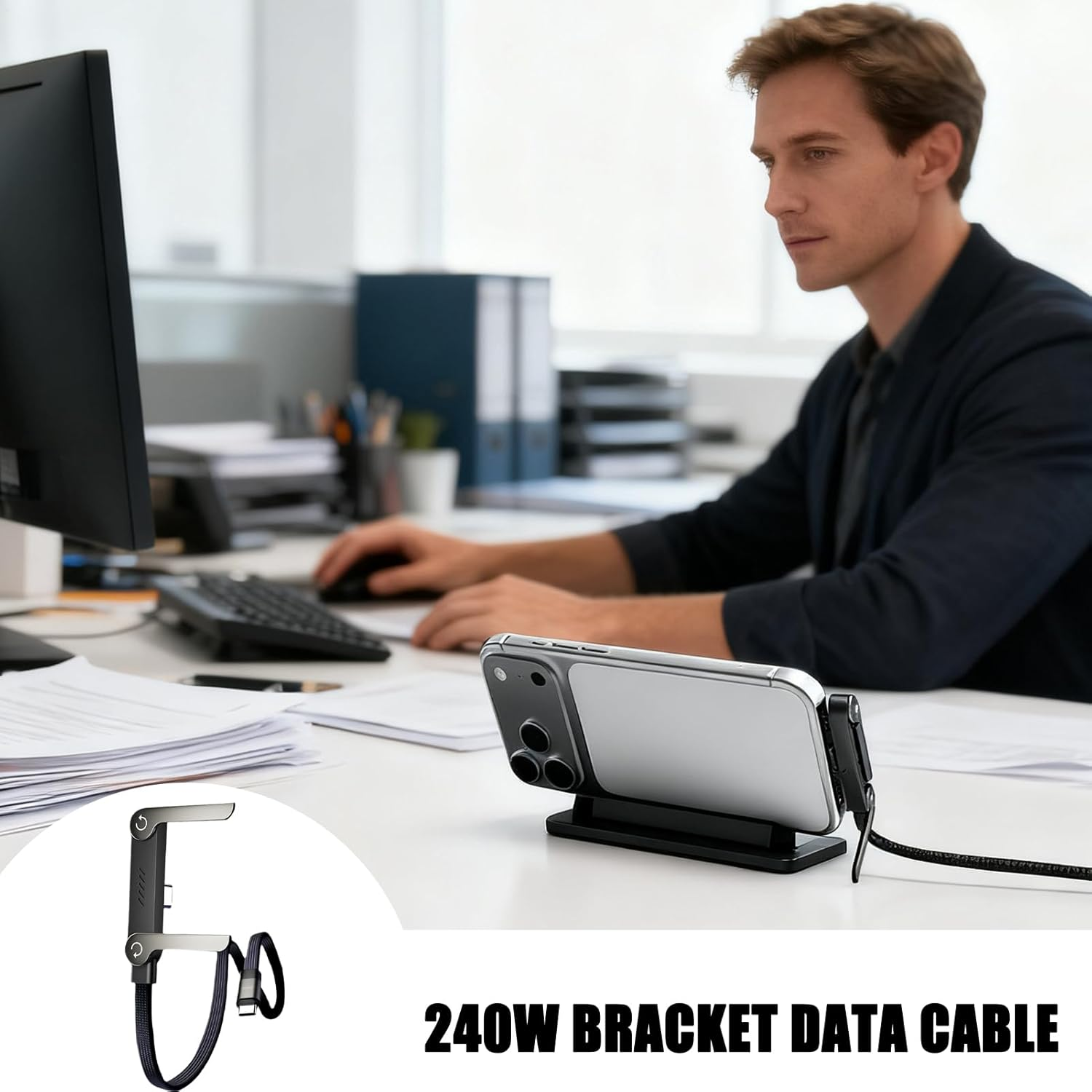 2-In-1 Invisible Holder Charger Cable | 240W Fast Charging Stand Data Cables | Adjustable 5 FT Sideways Phone Charger | Braide Chubby Bracket Sideways Charging Cable Cord for Type-C image number 2