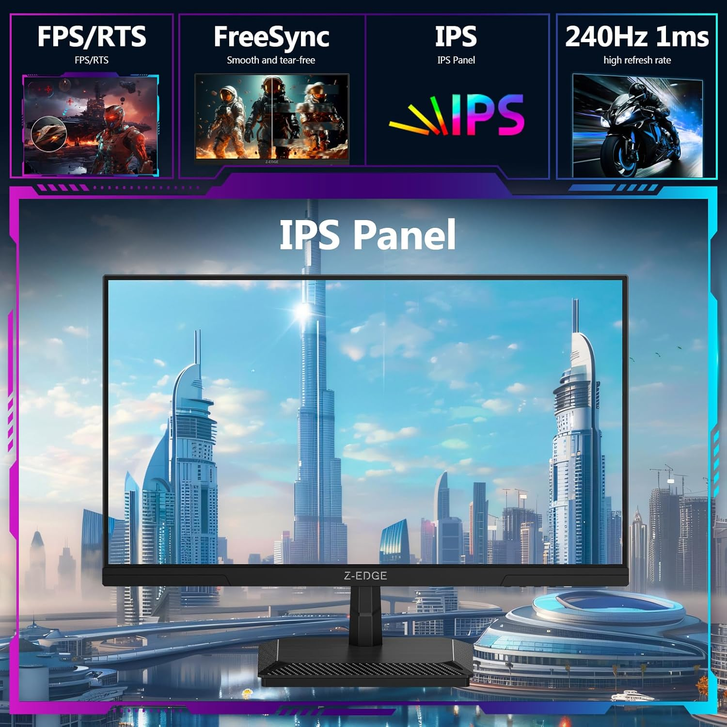 Z-Edge 25 Inch (24.5'') Gaming Monitor 240Hz, IPS Panel, 1Ms MPRT Full HD, Ultra-Thin Bezel, Freesync, HDMI2.0 & Displayport1.4, VESA Mountable, Black, VESA 100X100Mm (HDMI Cable Included) image number 6