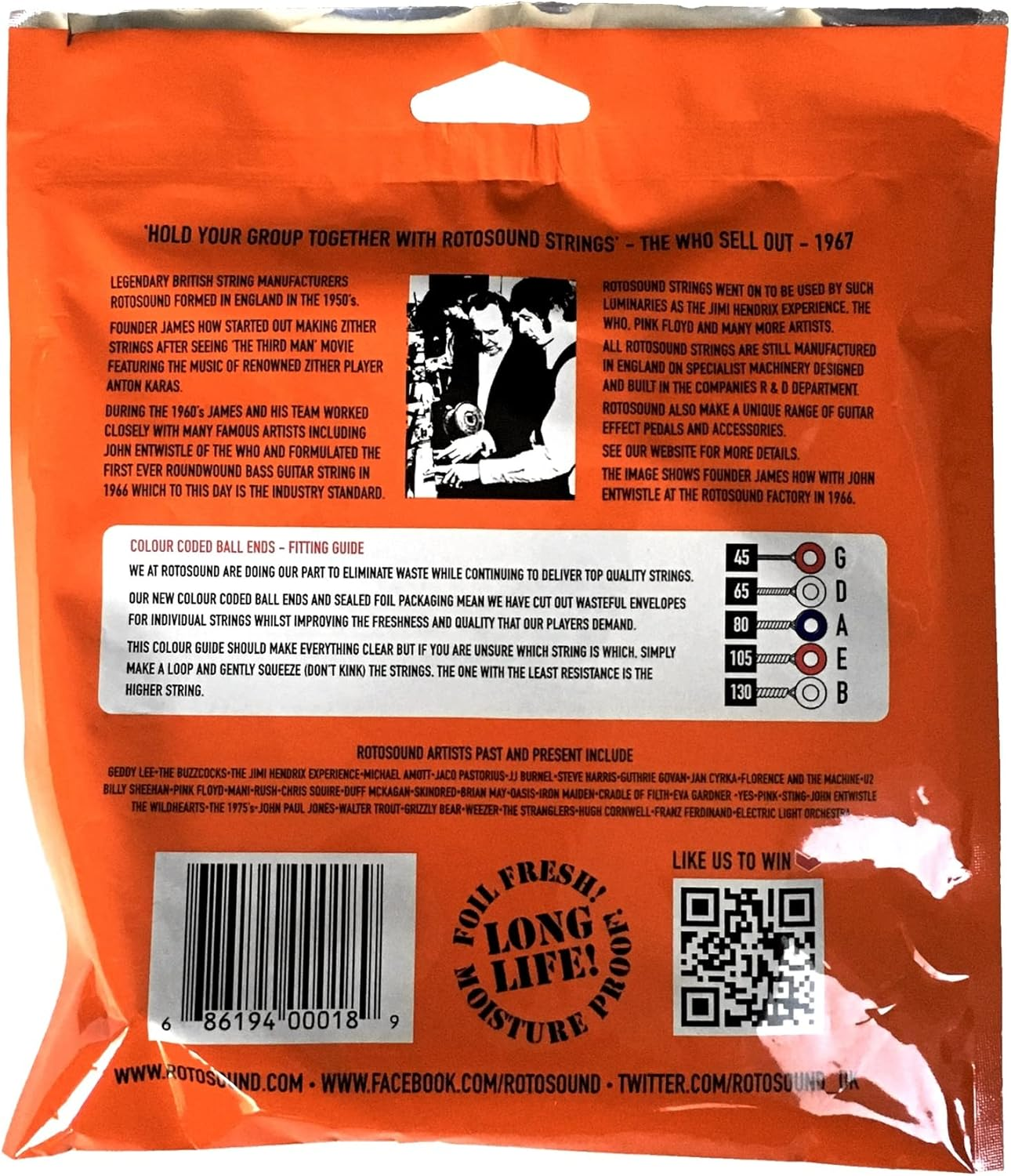 Rotosound Stainless Steel Standard Gauge Roundwound Bass Strings (45 65 80 105 130), RS665LD