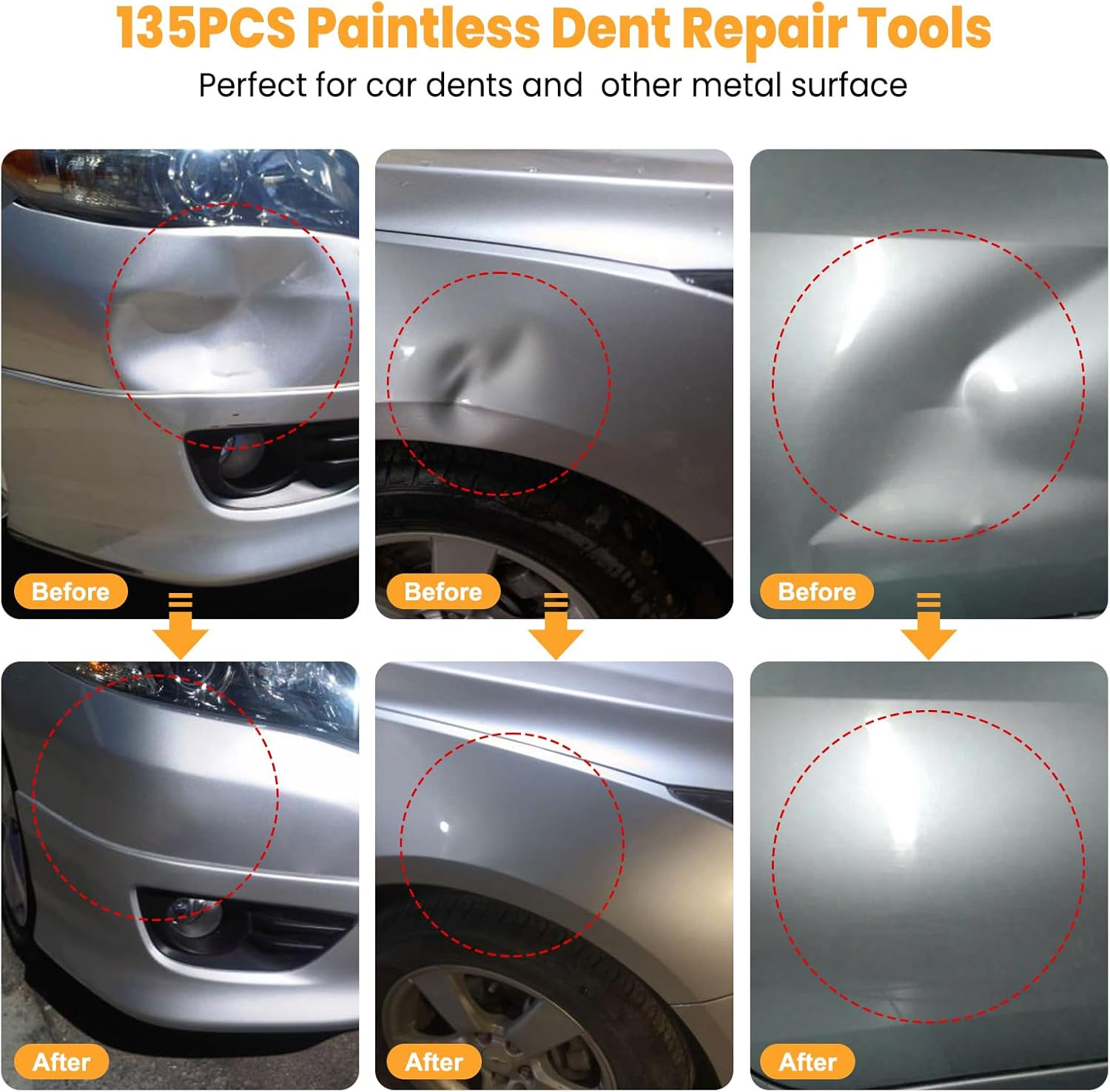 Sigoobal Car Dent Puller Kit, 135Pcs Paintless Dent Removal Kit, Car Dent Repair Kit with Golden Lifter, Bridge Puller, Slide Hammer 2 in 1 T-Bar, Dent Puller for Car Refrigerator Door Ding Repair image number 6