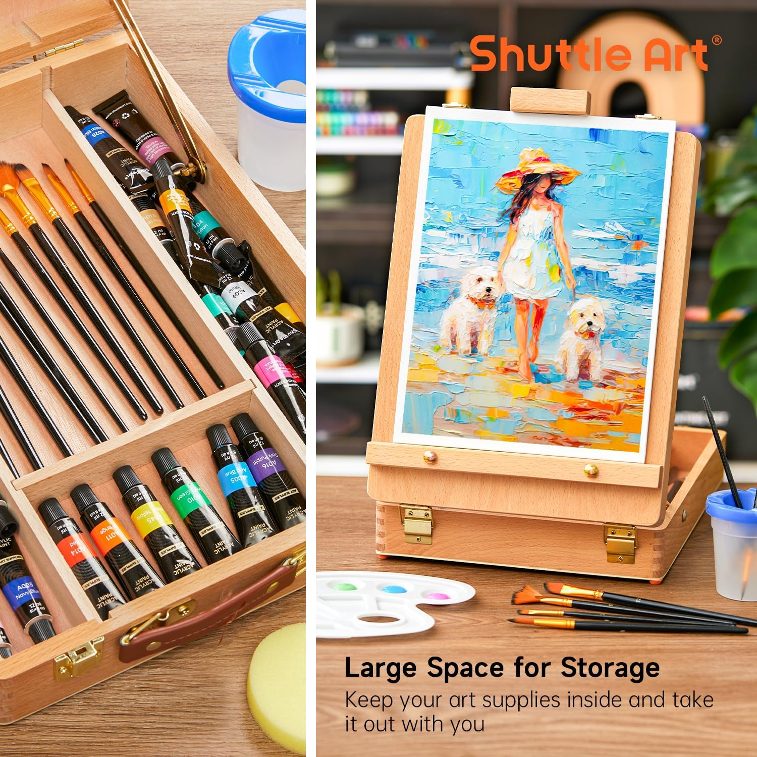 Shuttle Art Acrylic Paint Set, 59 Pack Professional Painting Supplies with Wood Tabletop Easel, 30 Colours Acrylic Paint, Canvas, Brushes, Palette, Complete Paint Sets for Adults, Kids, Artists image number 4