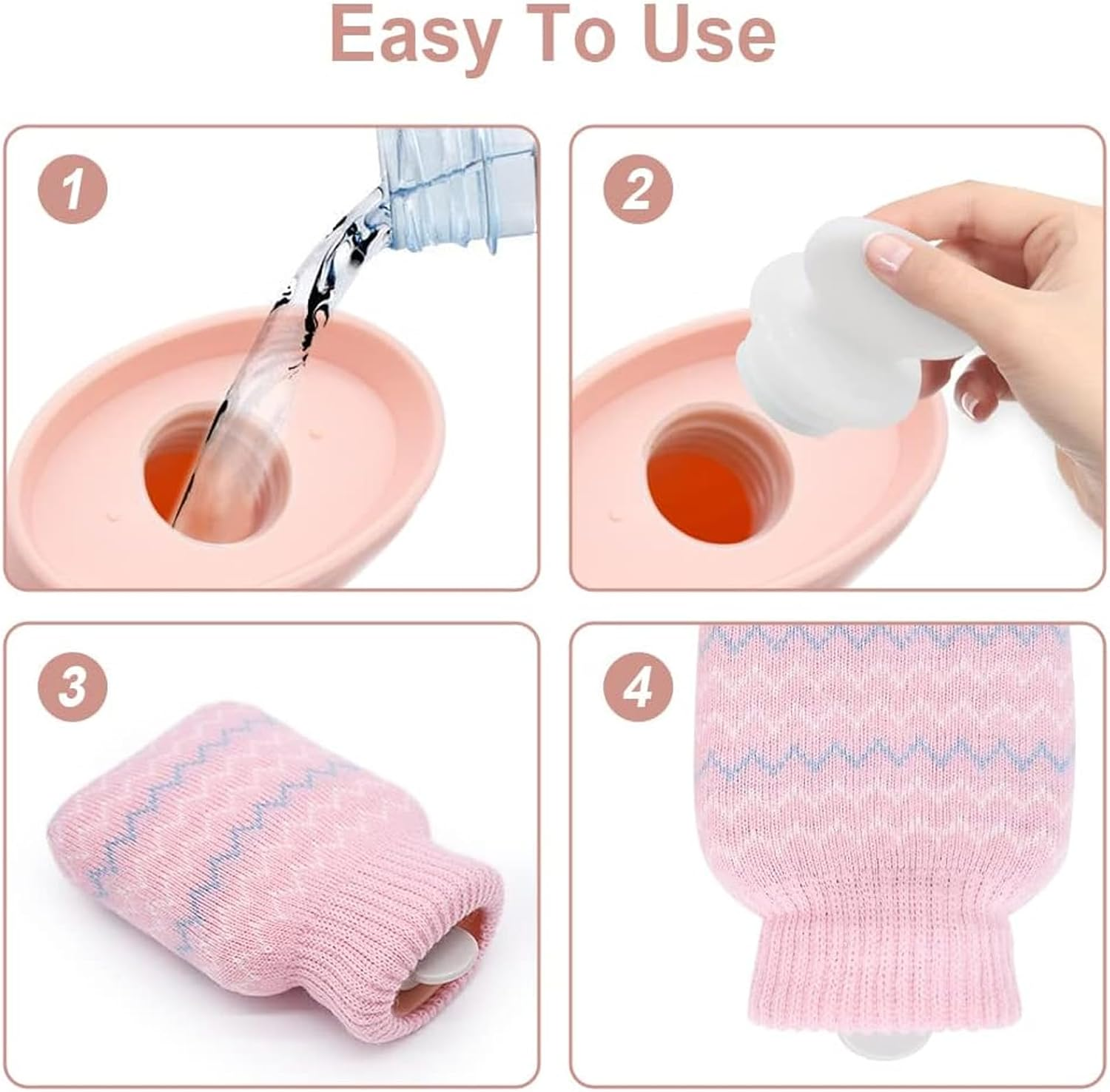 2PCS 320Ml Hot Water Bottle with Knited Cover, Mini Hot Water Bag for Pain Relief, Waist, Neck, Shoulders, Small Leak Proof Hot Water Bottle with Removable Cover for Women, Kids,Pink/Grey image number 3
