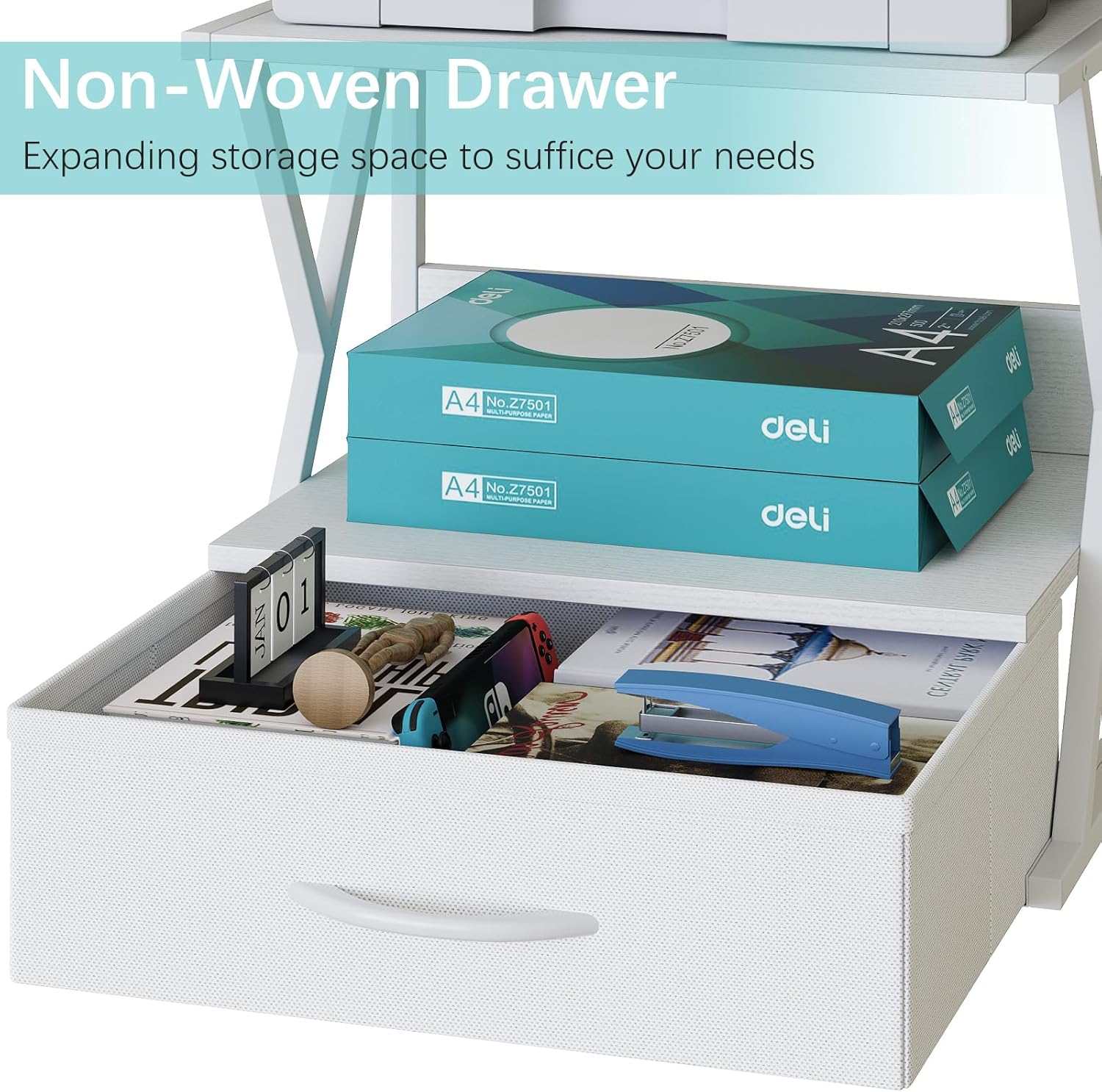 Aboxoo Printer Stand for Desk with Storage Drawer, 2 Tier Desktop or under Desk Shelf, Multi-Purpose Desk Organizer for Home Office, Fit Fax Machine/3D Printer/Scanner, White image number 4