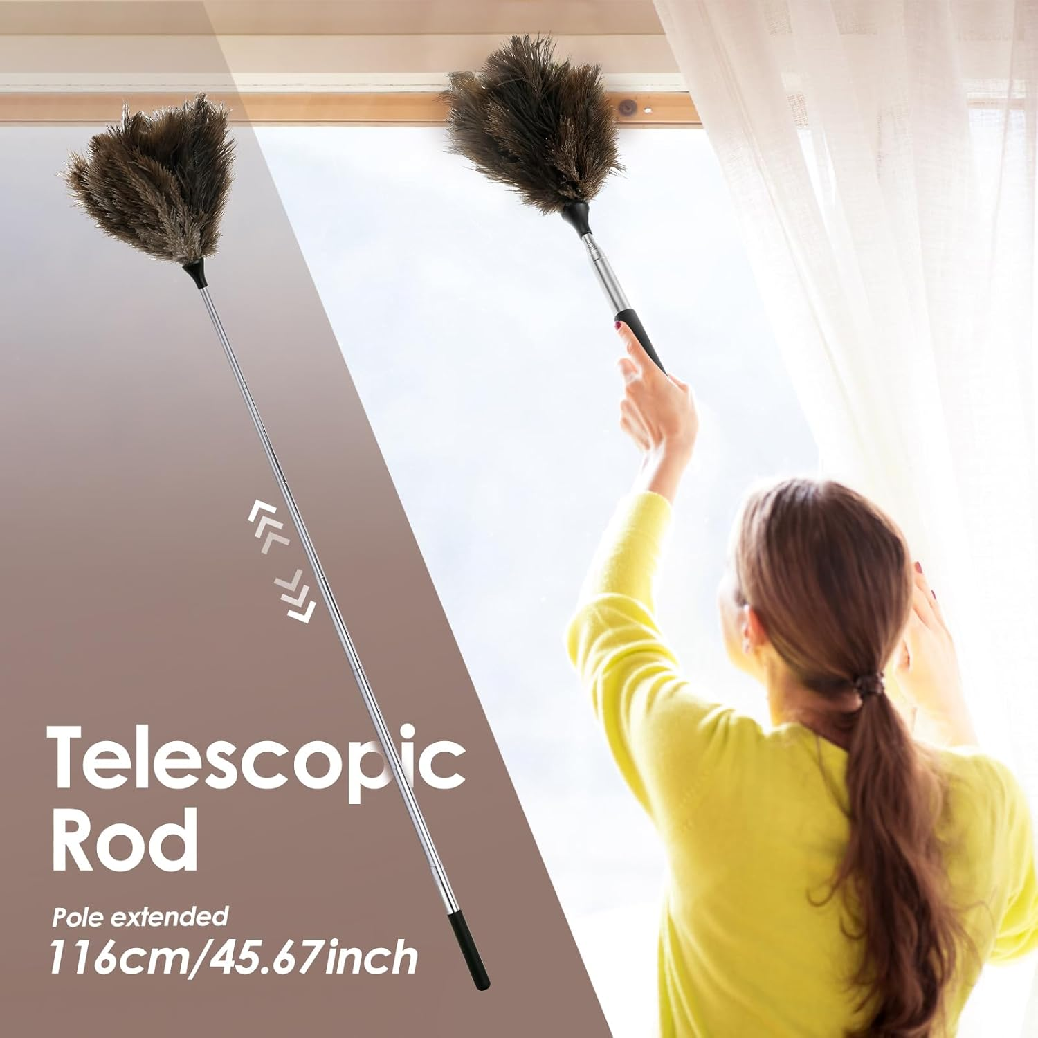 Extendable Ostrich Feather Duster, anti Static Reusable Cleaning Tool, Household Duster for Furniture High Place (Black)