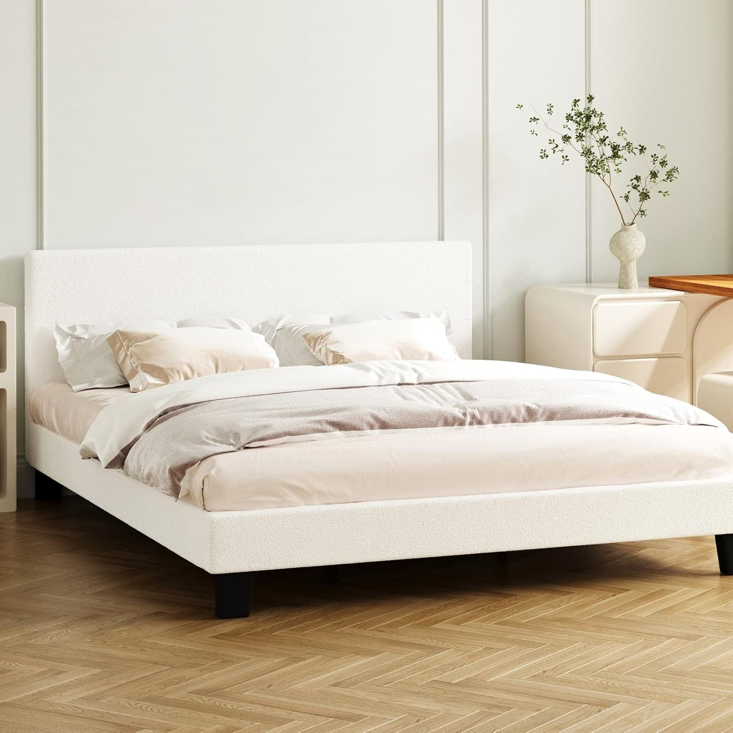 Oikiture Double Bed Frame with Plywood Slats and Boucle Fabric Bed Base Mattress Platfrom White image number 5