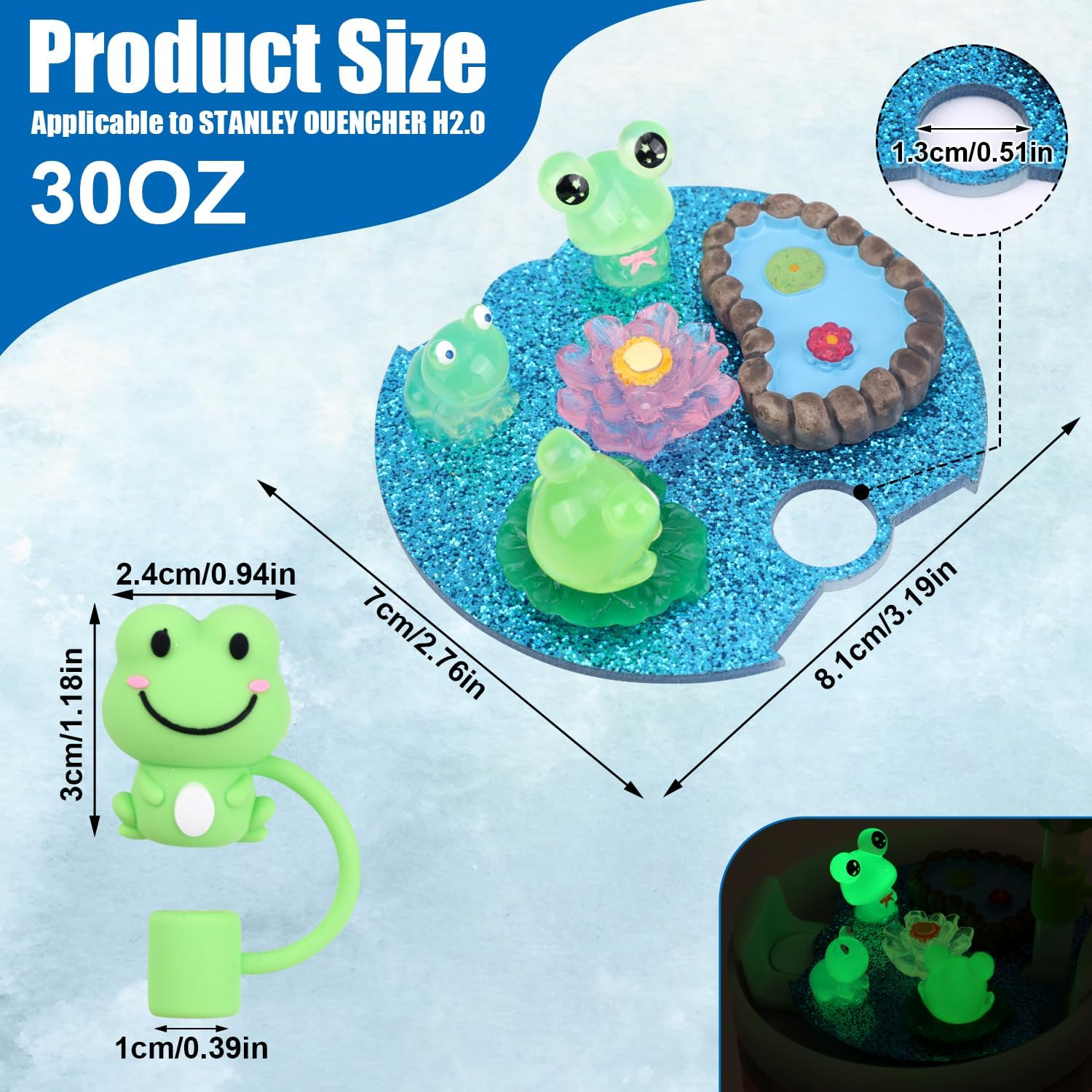 NQEUEPN Luminous Frog Pond Cup Lid Charms for Stanley Bottle 30Oz, with Cute Frog Silicone Straw Cover Cap Glow-In-The-Dark Name Plate DIY Tumbler Lid Topper for Stanley Cup Charms Accessories image number 4