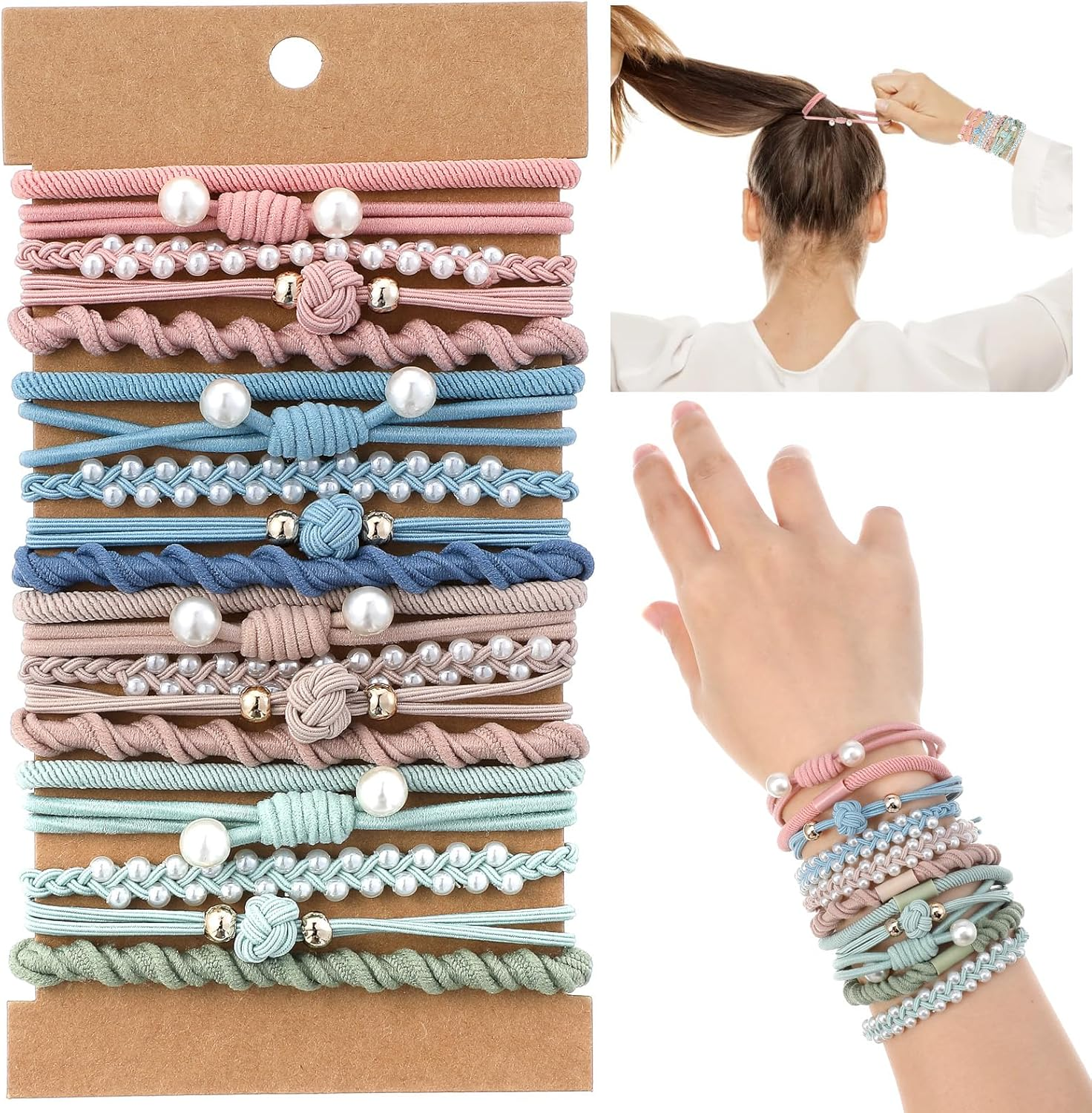 Pack of 20 Boho Hair Bobbles with Beads, Bracelet Hair Scrunchie Girls, Soft Braided Ponytail Holder, Hair Scrunchie Bracelets for Thin, Thick, Medium, Long Hair image number 5