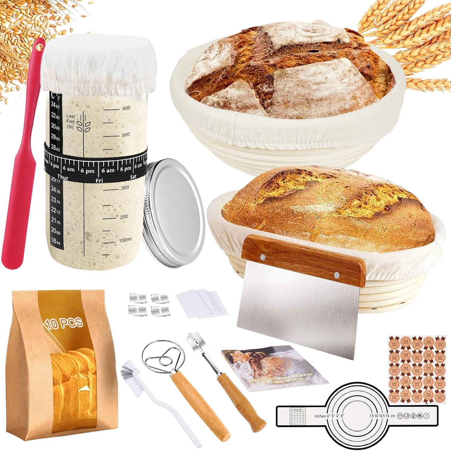 Sourdough Starter Kit - Banneton Proofing Basket Set, 9'' round & 10'' Oval Sourdough Baskets, Complete Sourdough Bread Baking Supplies with Starter Jar,Bread Sling,Lame,Danish Dough Whisk&Bread Bags image number 4