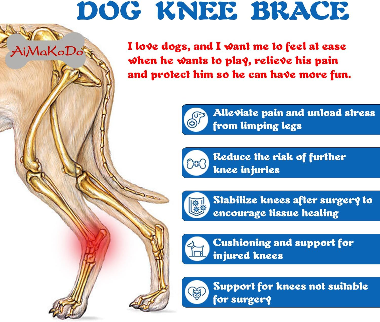 Aimakodo Dog ACL Brace Hind Leg, Dog Knee Brace for Front Torn and Back Hind Rear Leg ACL Tear,Hip Dysplasia, Dog Arthritis and Luxating Patella, Adjustable and Comfortable (Medium)