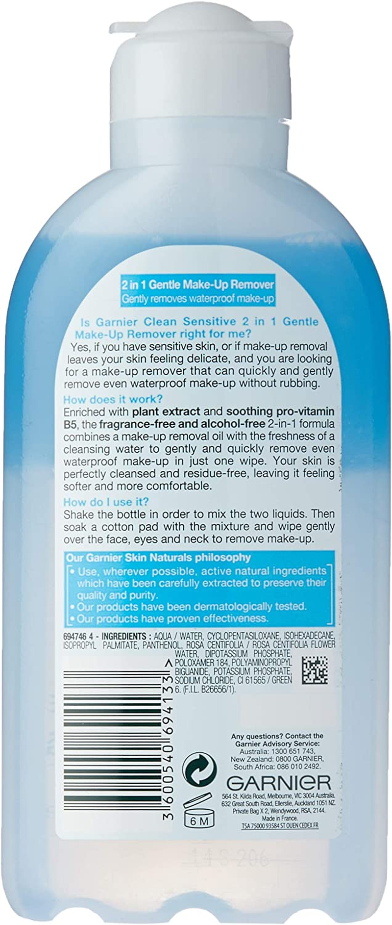 Garnier Clean Sensitive 2In1 Gentle Waterproof Make up Remover 200Ml