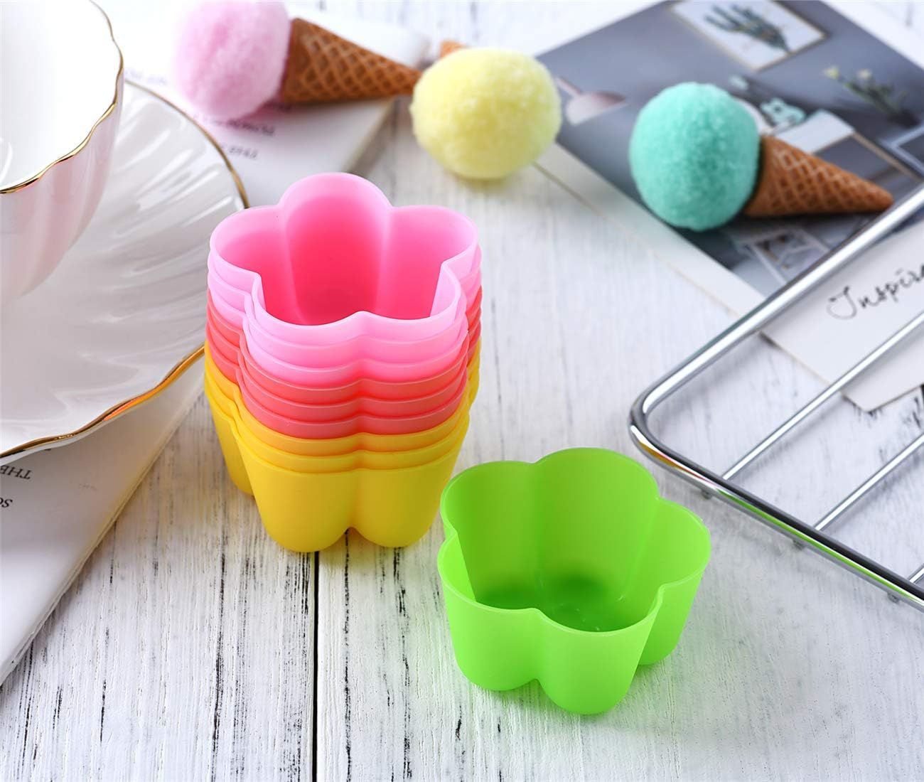 Reusable Non-Stick Silicone Baking Cups - Mini Cupcake Liners, Muffin Cups, Chocolate Holders, Truffle Cups - 24 Pack, 6 Vibrant Colors, Flower Shape image number 5