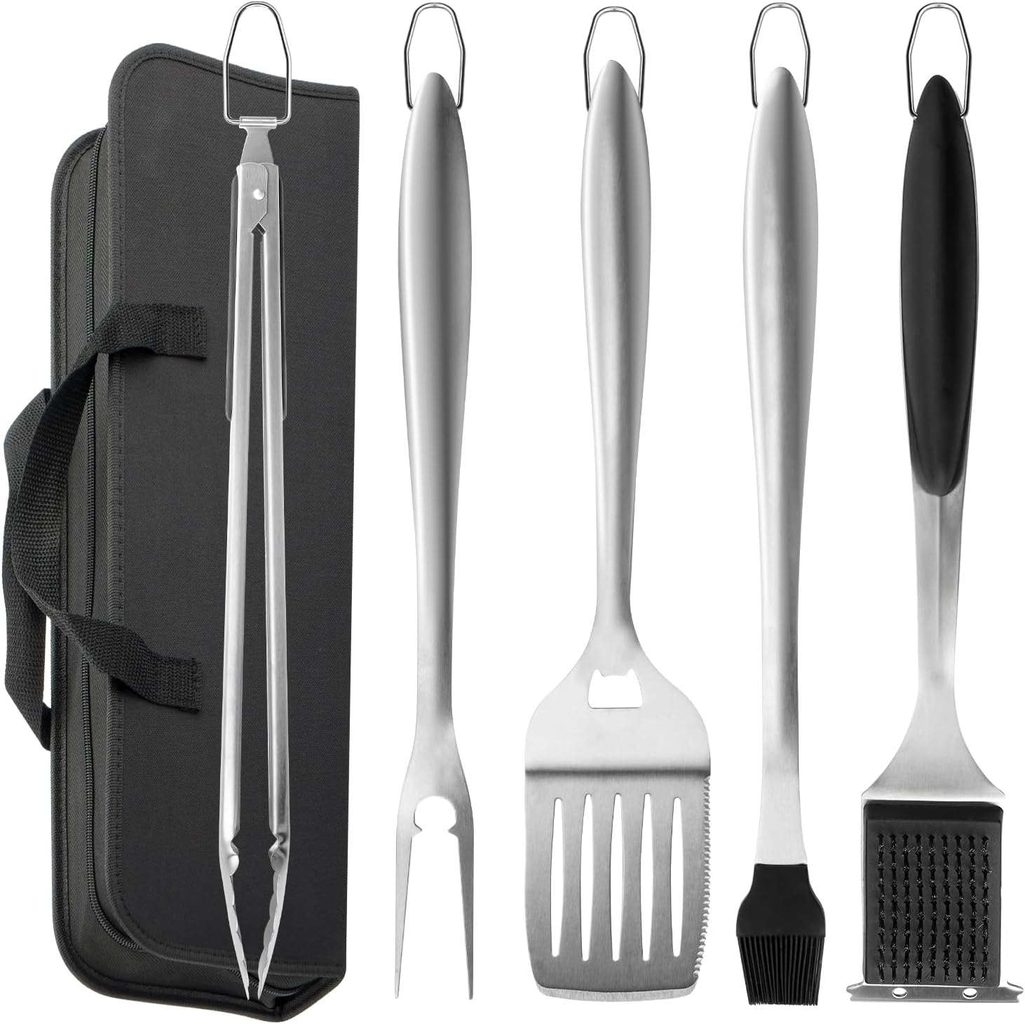 BBQ Tool Set, Stainless Steel Grill Accessories Tools for Outdoor Grilling Cooking Camping, Heavy Duty Grill Spatula, Tong, Fork, Basting Brush & Cleaning Brush, Travel Bag (Black) image number 2
