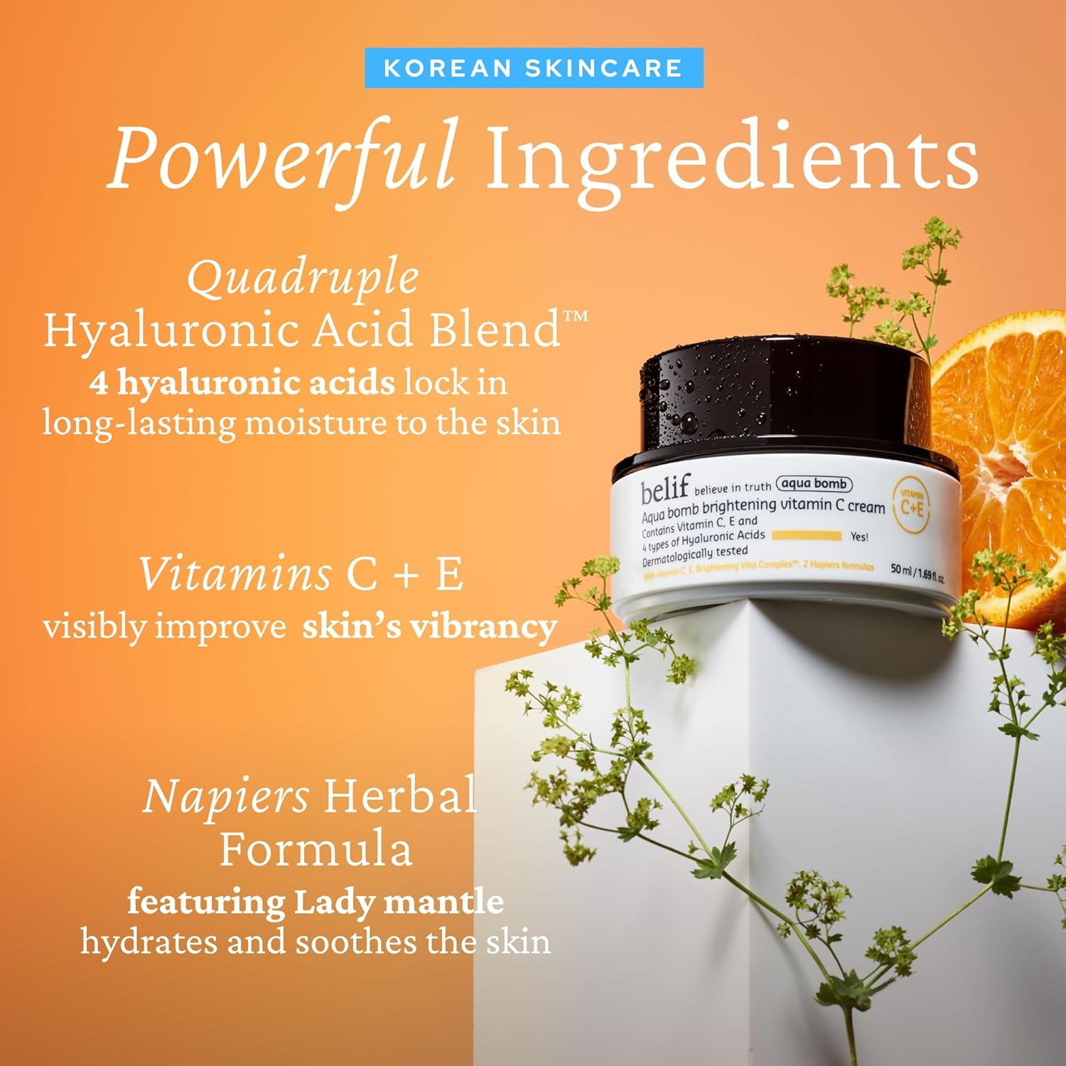 Belif Aqua Bomb Brightening Vitamin C Cream 50 Ml, Brightening Moisturising Cream, Hyaluronic Acid Vitamin C+E, Vegan Face Cream, All Dull Tired Skin, Day Cream Face Care, Korean image number 4