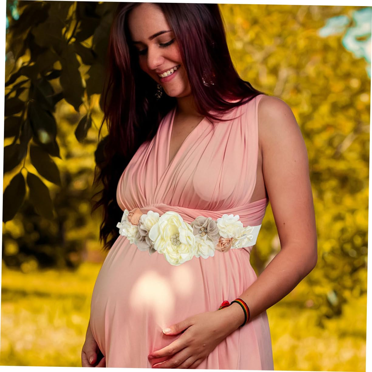 2Pcs Beige Maternity Sash Belt for Shower Decorations Pregnancy Keepsake Flowers Rhinestones for Photoshoots Expectant Mothers image number 4
