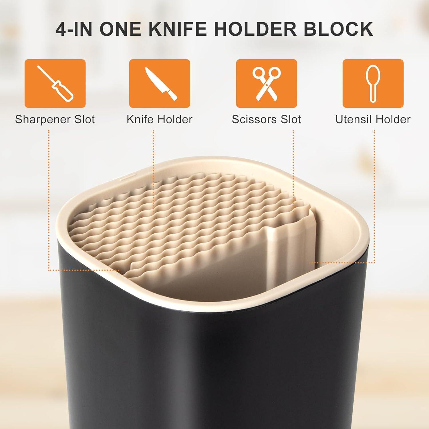 Ninonly 4-In-1 Knife Block without Knives, Universal Knife Block without Knives, Black with Storage Space for Scissors, Sharpening Bar, Knife Holder, Kitchen Utensil Holder, Knife Block Holder for All image number 3