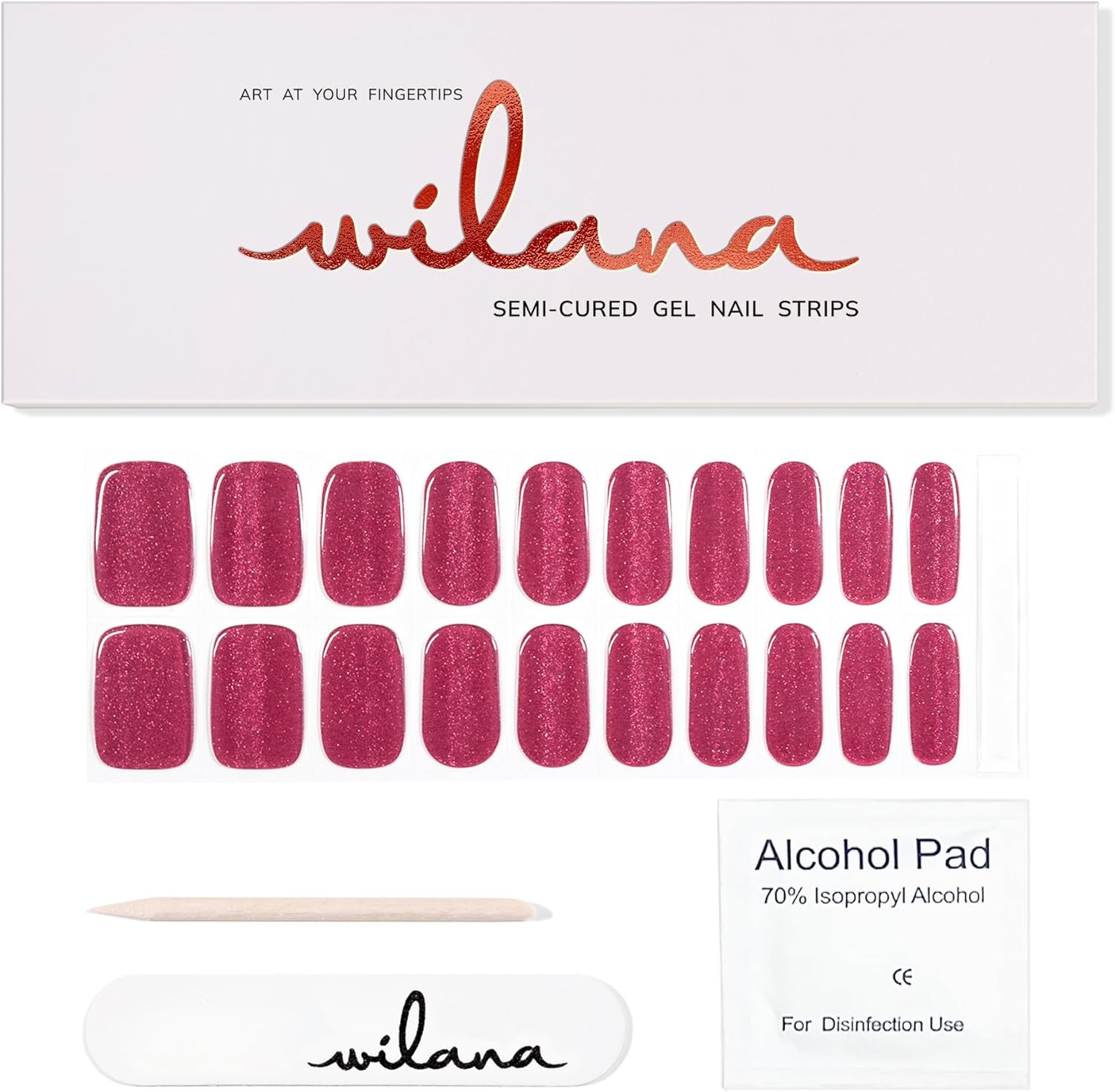 Wilana Gel Nail Stickers - Long-Lasting Semi-Cured Gel Nail Strips - Dark Pink Velvet Magnetic Glitter (Berry Luxe) image number 6