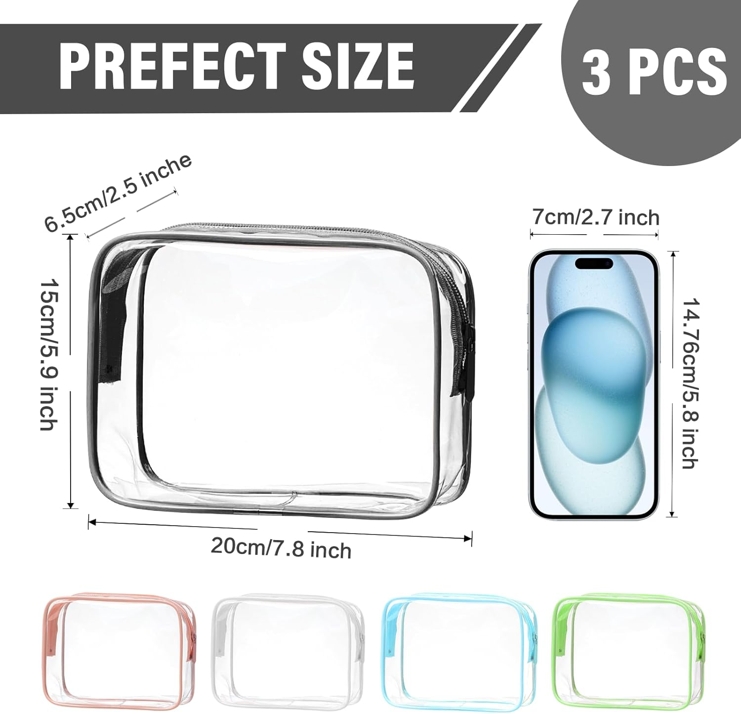 Viiotu 3 Pack Color Clear Toiletry Bag, Waterproof PVC Clear Makeup Bag, Portable Clear Travel Toiletry Bags for Traveling Men Women (3, Black)