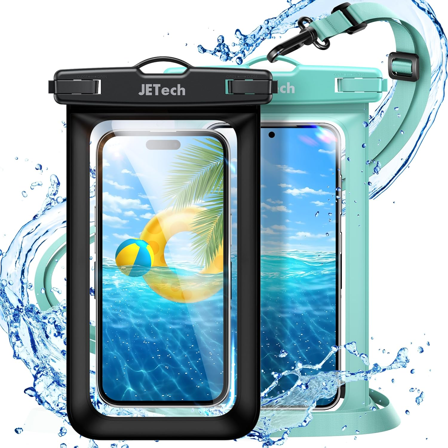 Jetech Waterproof Phone Pouch, 2 Pack Water Proof Case for Iphone 17 16E 16 15 14 Air Pro Max Plus, Galaxy S25 S24 Ultra, Pixel 10 Series and Others up to 7.2 Inch, IPX8 Dry Bag (Black+Pink)