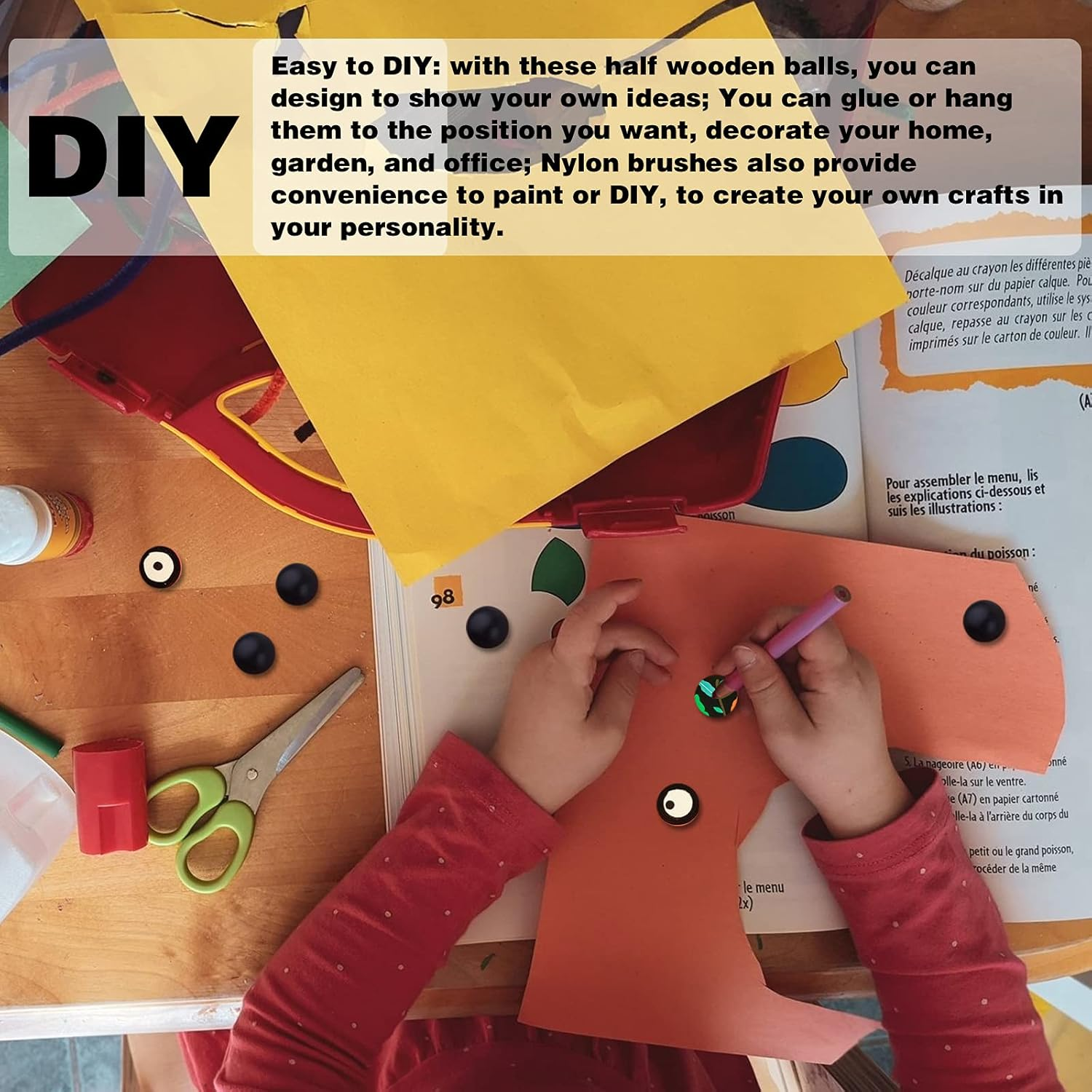 Half Wooden Balls, 100Pcs Half round Unfinished Wooden Balls Natural Smooth Mini Split Hemisphere Wood Craft Beads Balls for DIY Projects Art Design Painting Christmas Party Ornament, 15Mm, Black - Black White image number 2