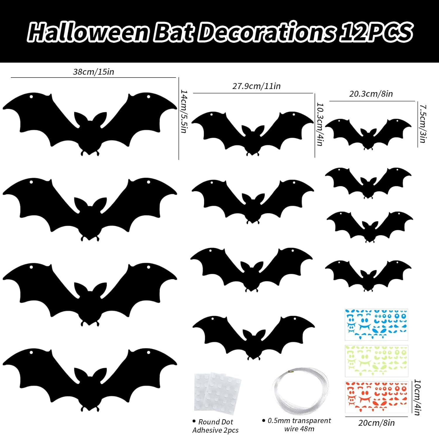 12 Pcs Hanging Bats Halloween Decorations Outdoor, Large Flying Plastic Bats Outdoor Halloween Decorations, 3 Different Size with Glowing Eye Stickers for Hanging in Tree, Yard, Porch, Lawn, Indoor image number 2