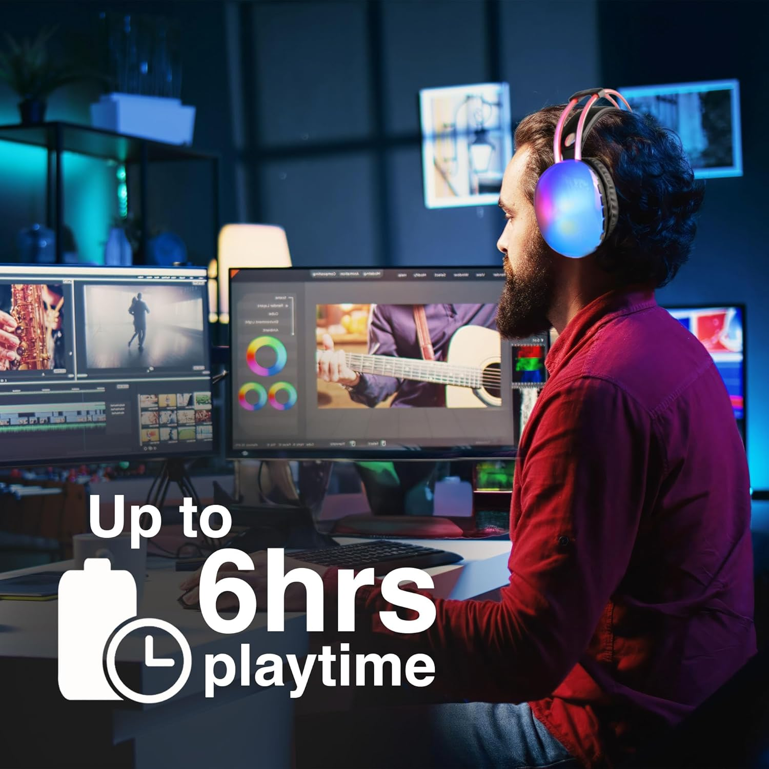 Laser RGB Wireless Bluetooth Headphones, RGB Lighting, 6 Hrs Playtime, Adjustable Headband - Supports AUX & Micro SD, USB C Charging - Compatible with Smartphone, Tablet, Laptop, MP3 Player image number 2